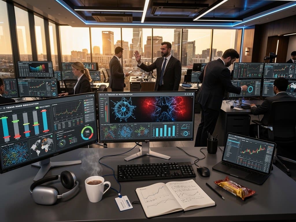 Dashboard visualizing Texas AI regulation: SHAP waterfalls, heatmaps, small multiples, BTC at $78,089, Fear & Greed at 32 in minimalist style