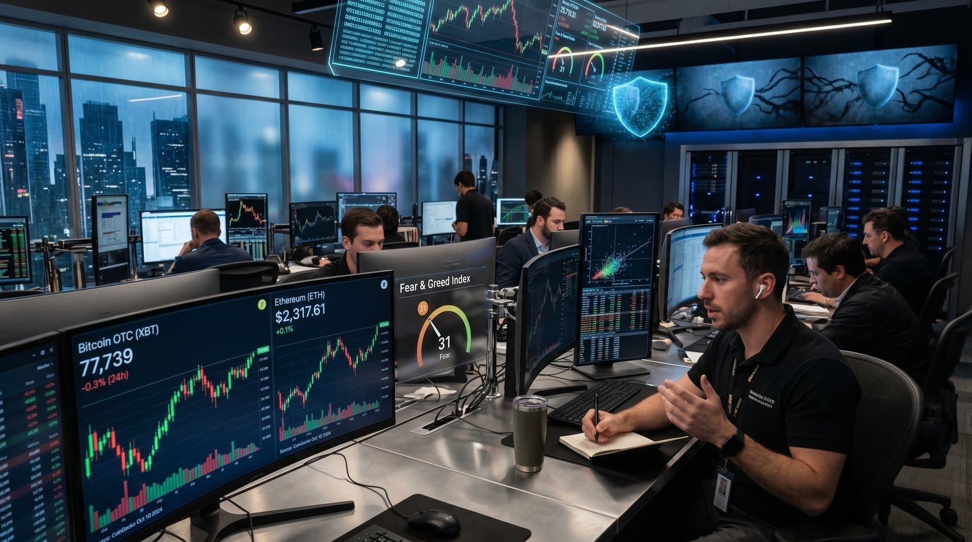 Trading desk screens show crypto charts for Bitcoin, Ethereum, and Fear & Greed Index amid privacy warnings