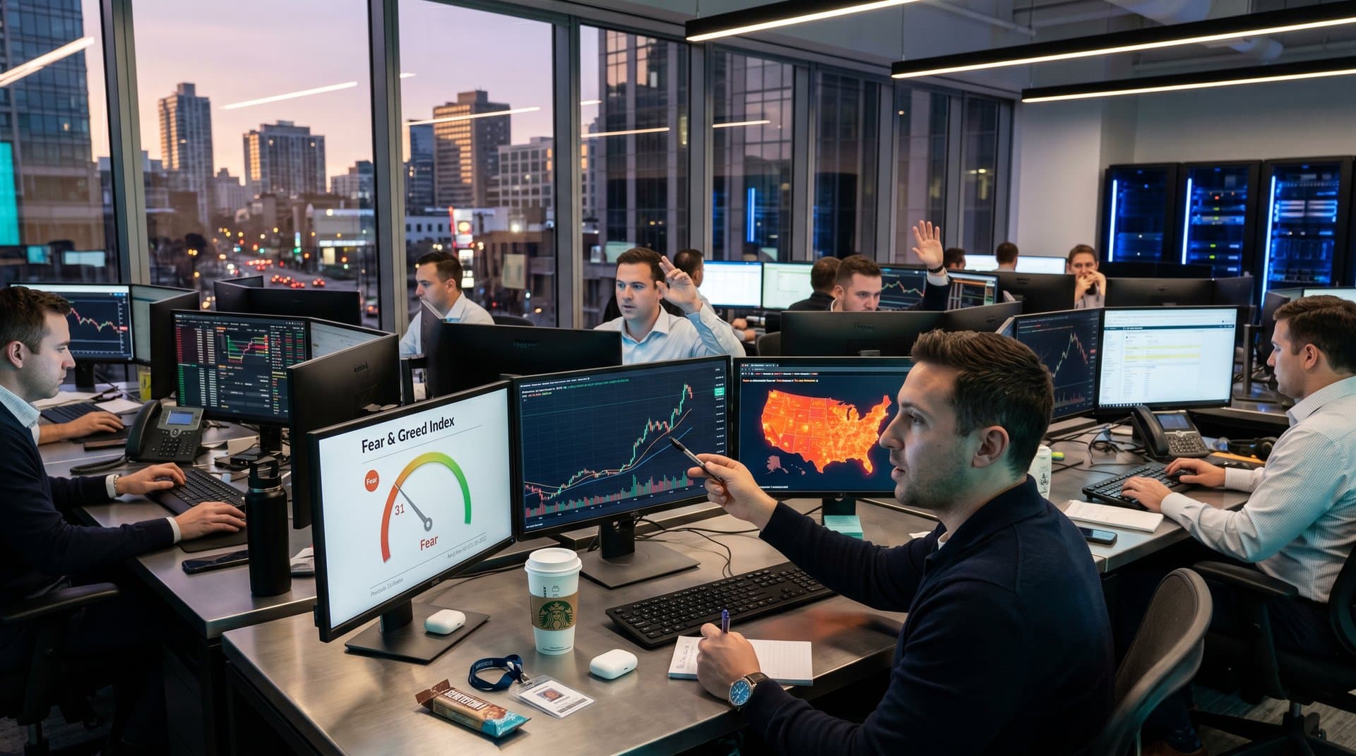 Dashboards show BTC $77K charts, ETH prices, Fear & Greed 31, AI risk heatmaps on finance trading floor