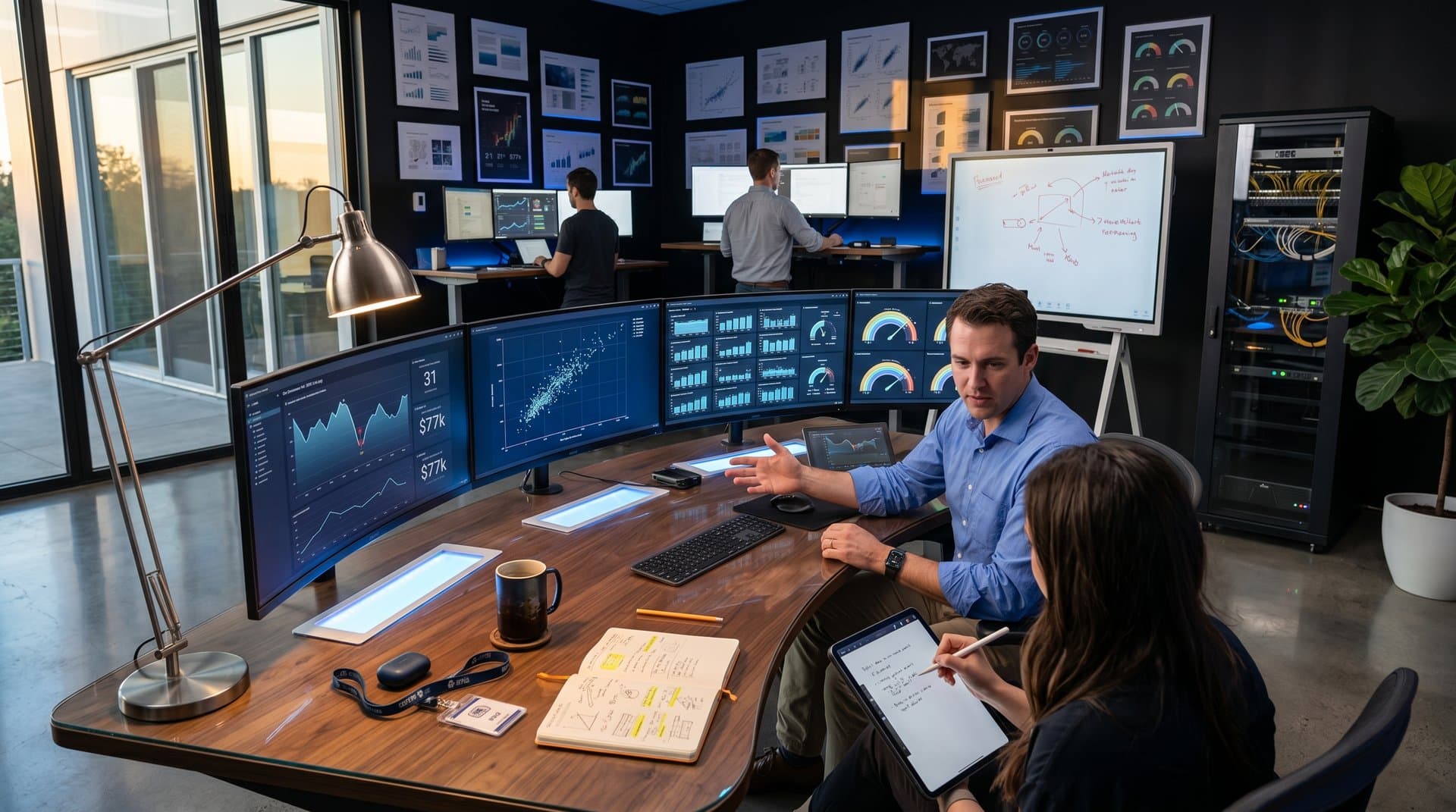 Monitors display line charts and scatter plots of crypto prices like BTC $77K, Fear & Greed Index 31 in sleek data lab with whiteboard diagrams