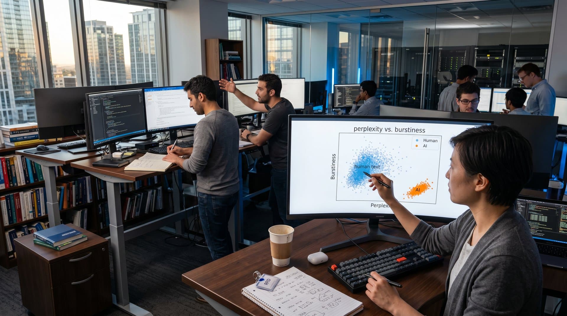Scatterplots of AI text perplexity and burstiness metrics on video wall in analytics lab, highlighting human and AI clusters