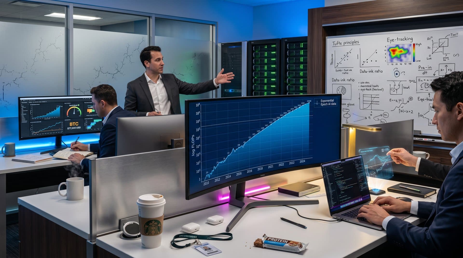 Futuristic monitor shows viral AI compute log chart and crypto BTC table with Fear 31 in high-tech lab with servers and whiteboards