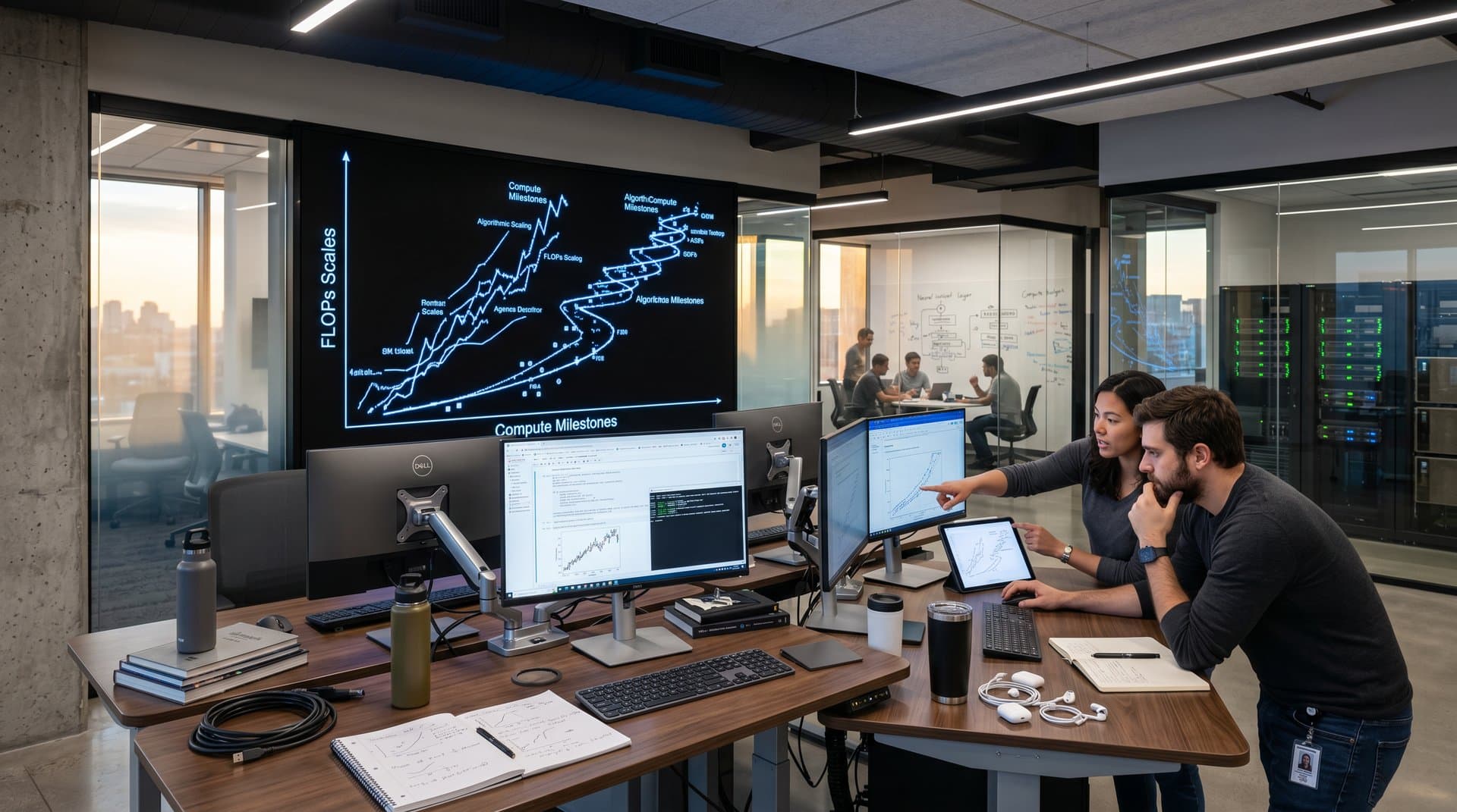 Logarithmic viral AI compute chart on video wall in modern lab with monitors, servers, and city view