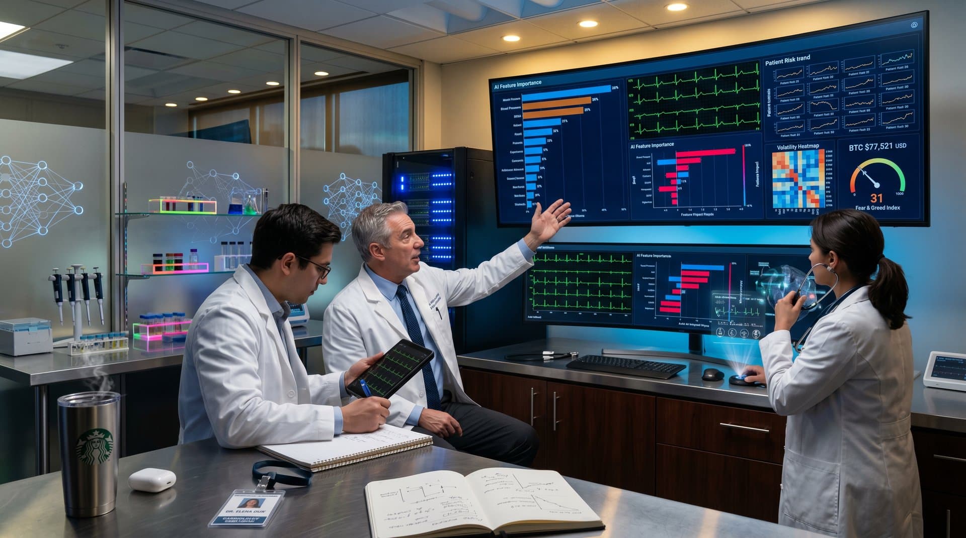 Futuristic AI cardiology dashboard on curved monitor showing feature bars, ECG waves, SHAP plots, BTC volatility gauges amid lab servers