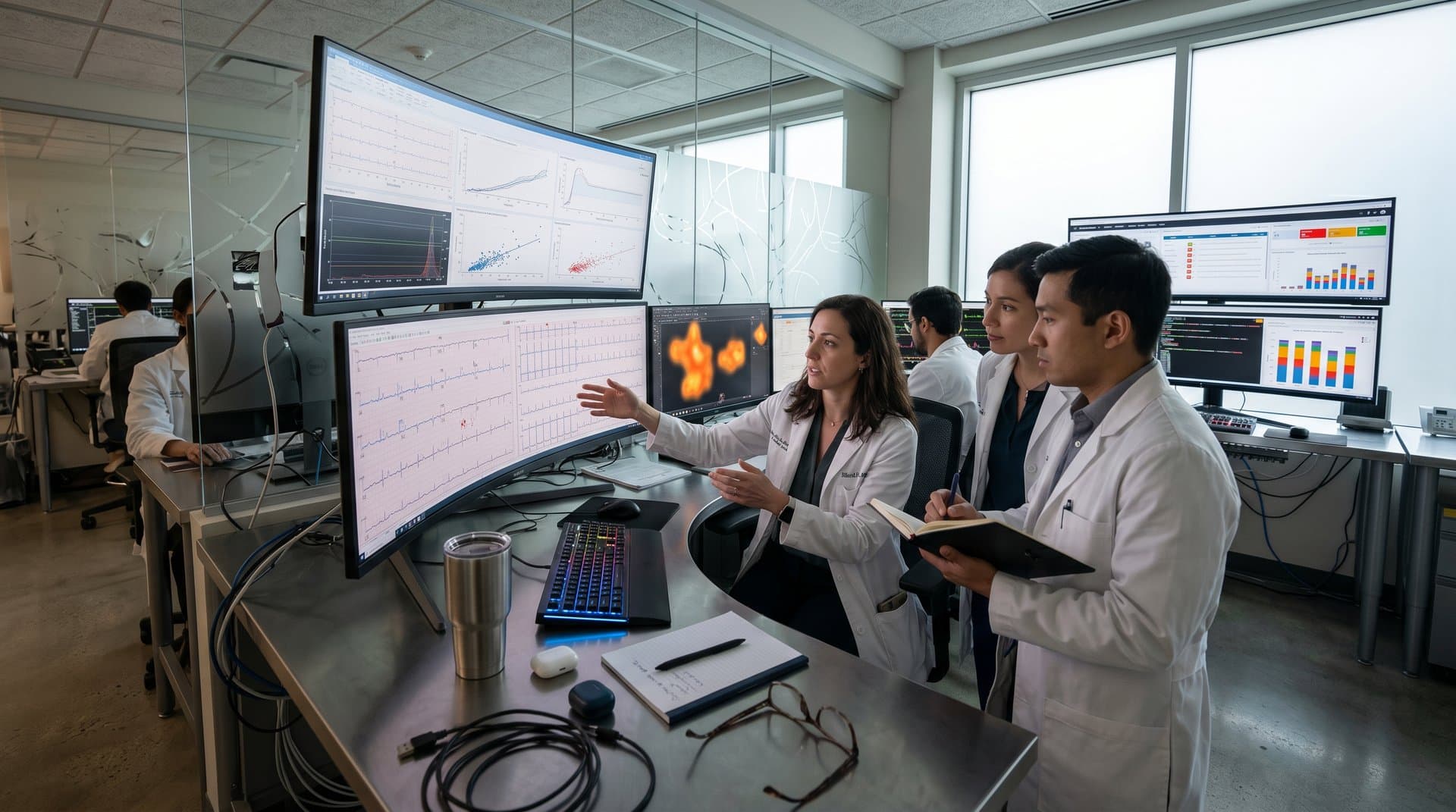 Curved monitors displaying 12-lead ECG waveforms, AI heatmaps, and small multiples in a high-tech medical visualization lab