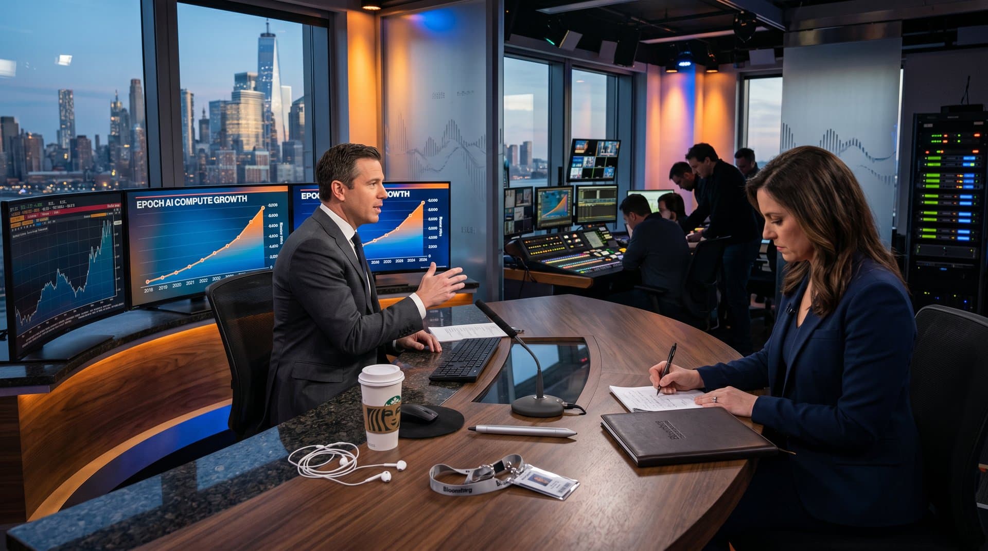 Studio monitors display viral AI compute log-log chart with exponential trends amid NYC skyline abstraction