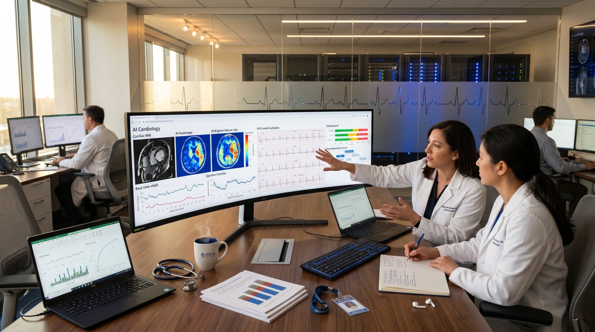 Interactive AI cardiology dashboard on curved monitor with heatmaps, ECGs, and server racks in modern lab