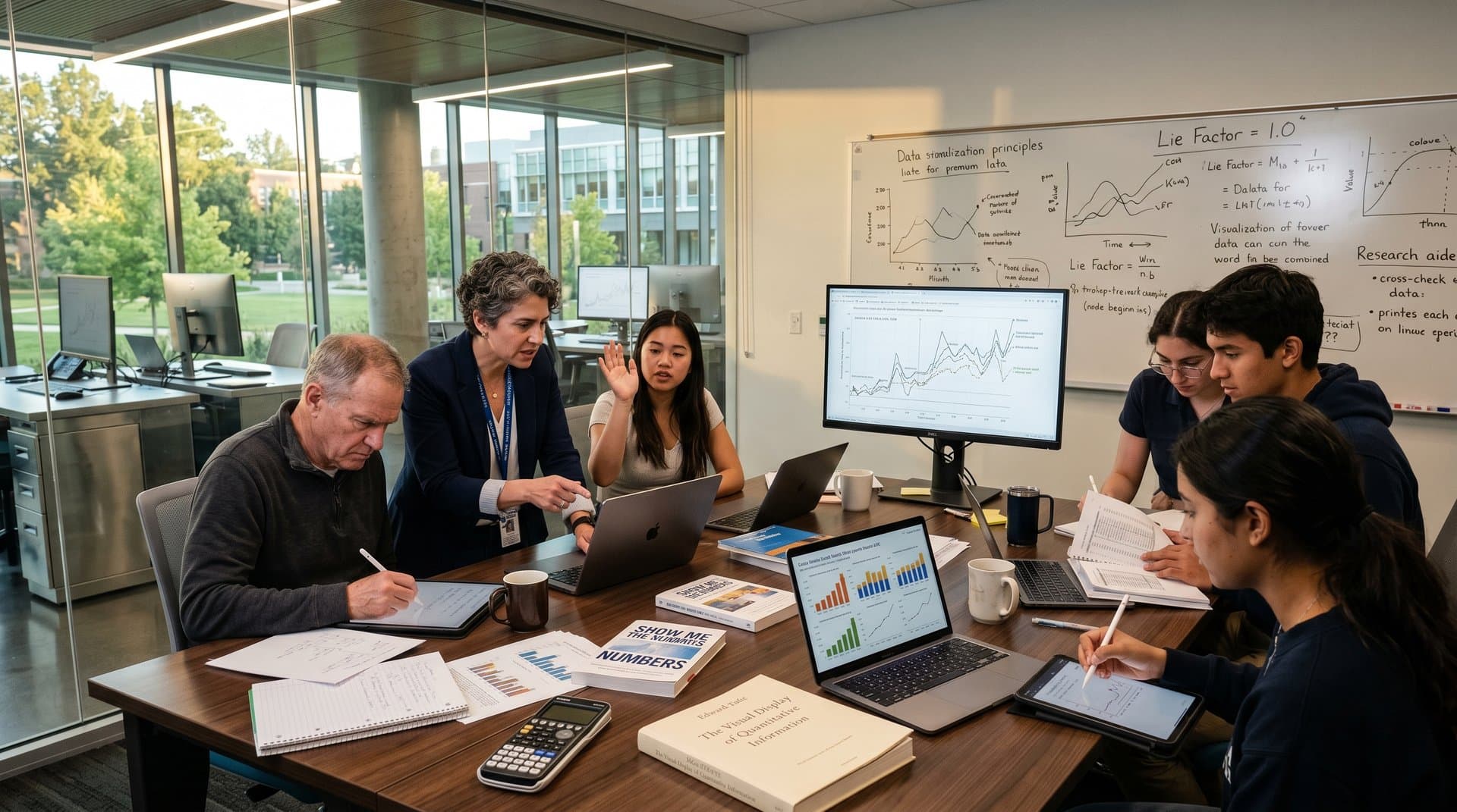 Educators scrutinize flawed AI-generated data visualizations versus clean principle-based charts in modern lab