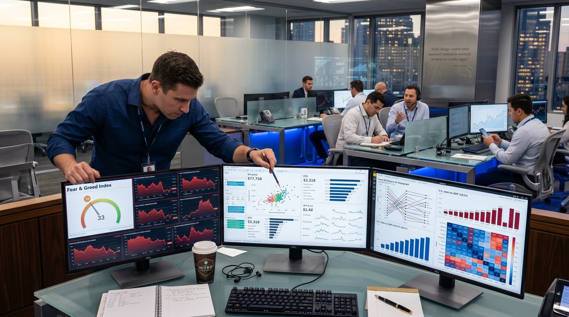 Dashboard screens showing Fear & Greed Index at 33 and crypto prices on modern trading desks