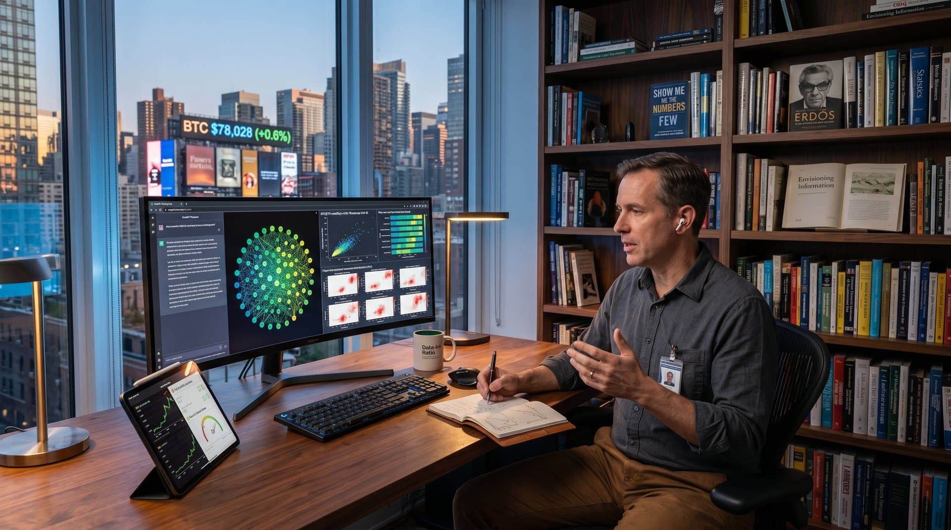 Home office with ChatGPT screen displaying Erdős #123 graphs, BTC-ETH scatter plots, heatmaps, and financial data visualizations