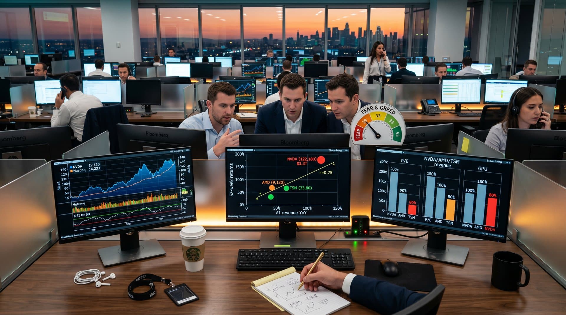 AI stock charts and Fear & Greed data on trading terminals with Nasdaq overlays and visualization techniques