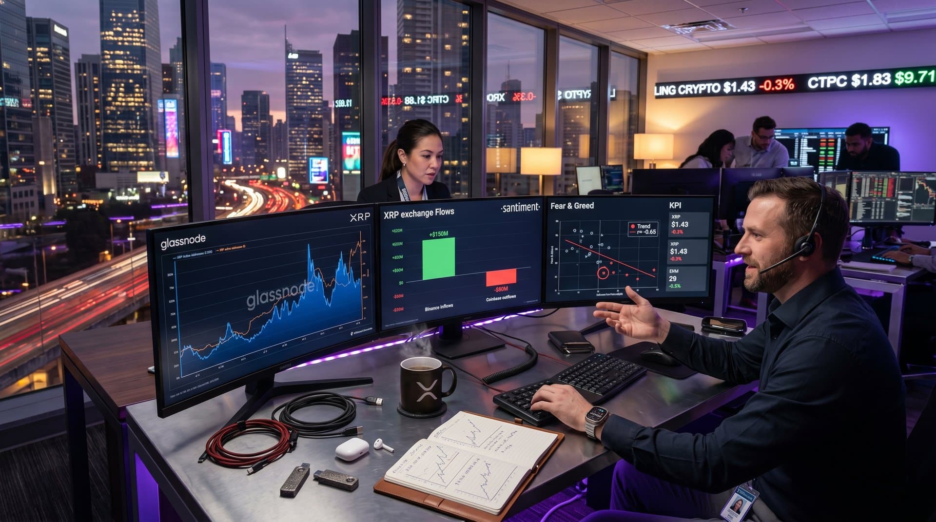 Trading screens show XRP on-chain signals charts at $1.43, Fear & Greed at 33, BTC metrics on modern desk setup