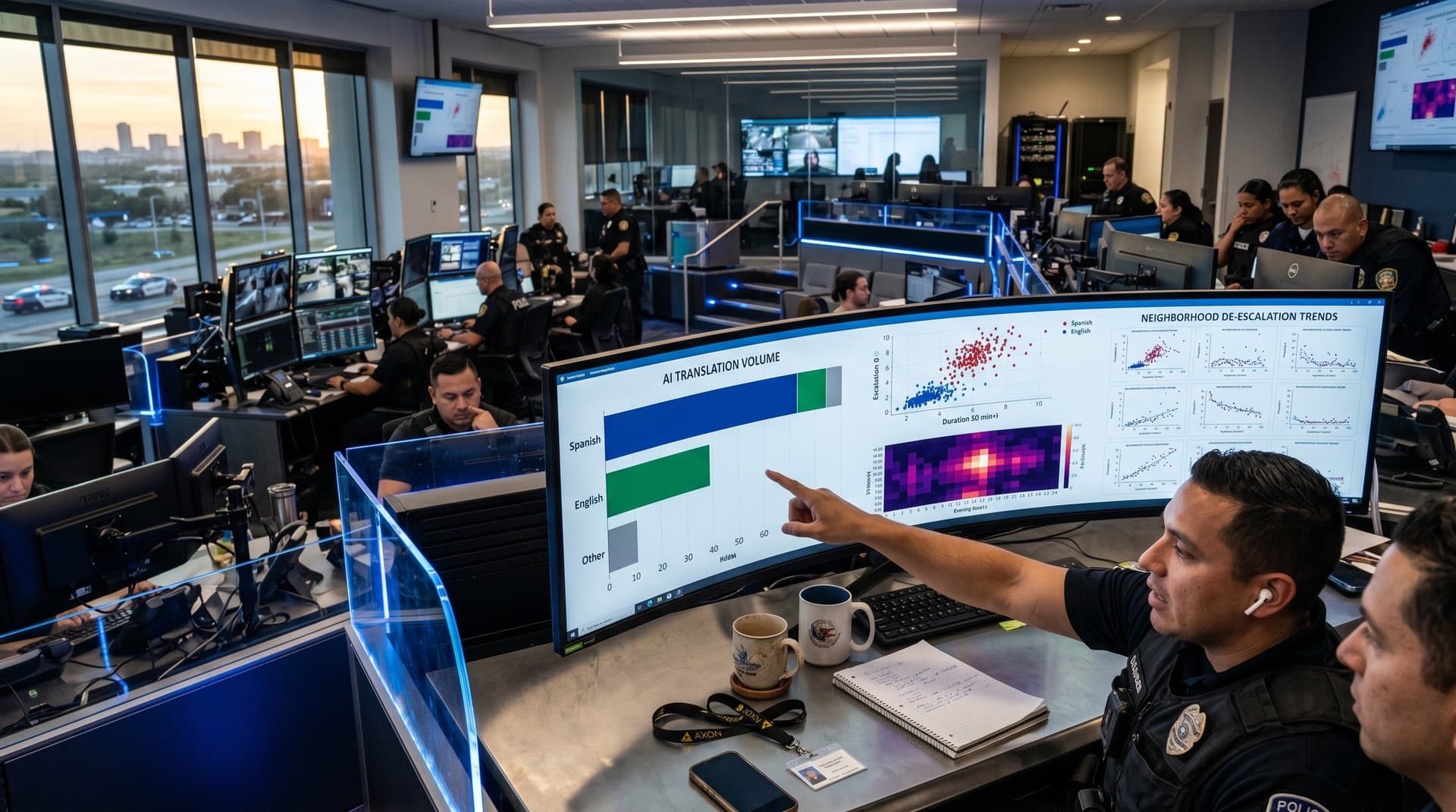 Real-time AI translation police body cams dashboards with 60% Spanish bar charts and heatmaps in Bexar analytics center