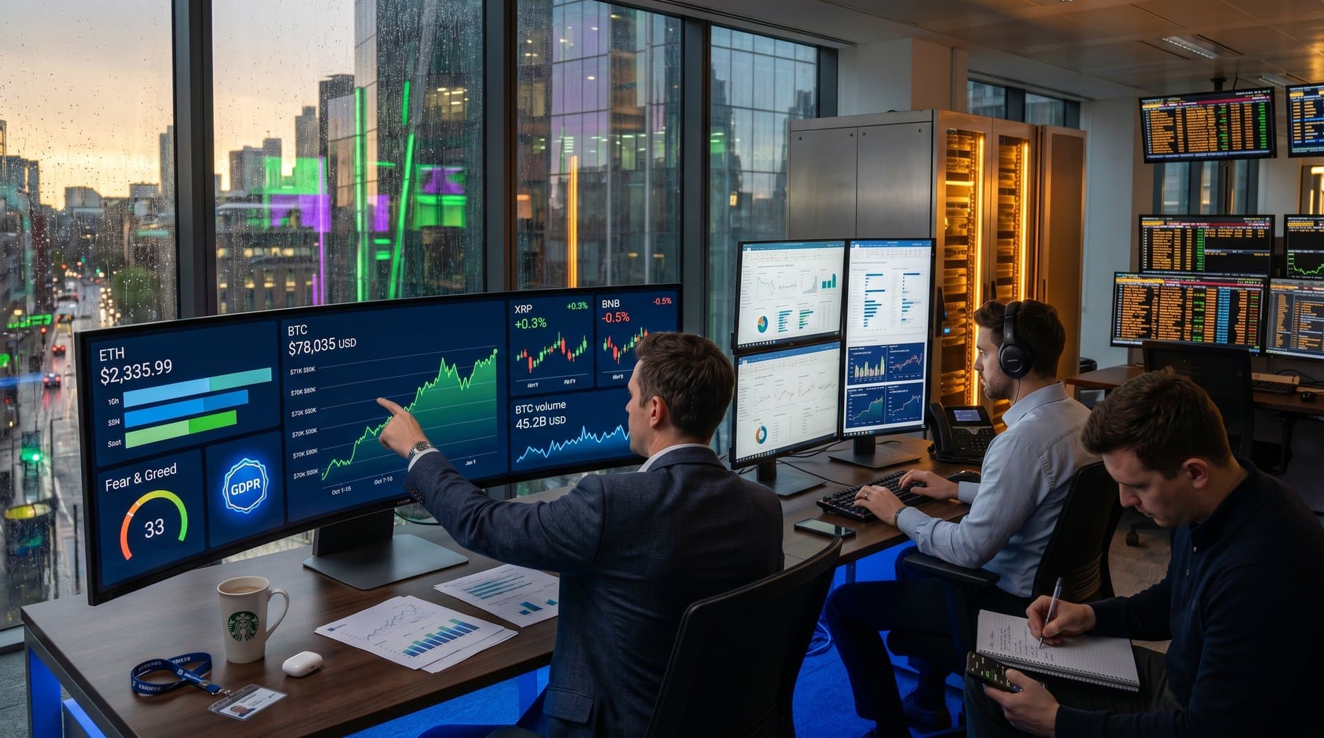 High-tech dashboard in European bank showing Eden AI crypto analytics with BTC at $78k and sentiment gauges