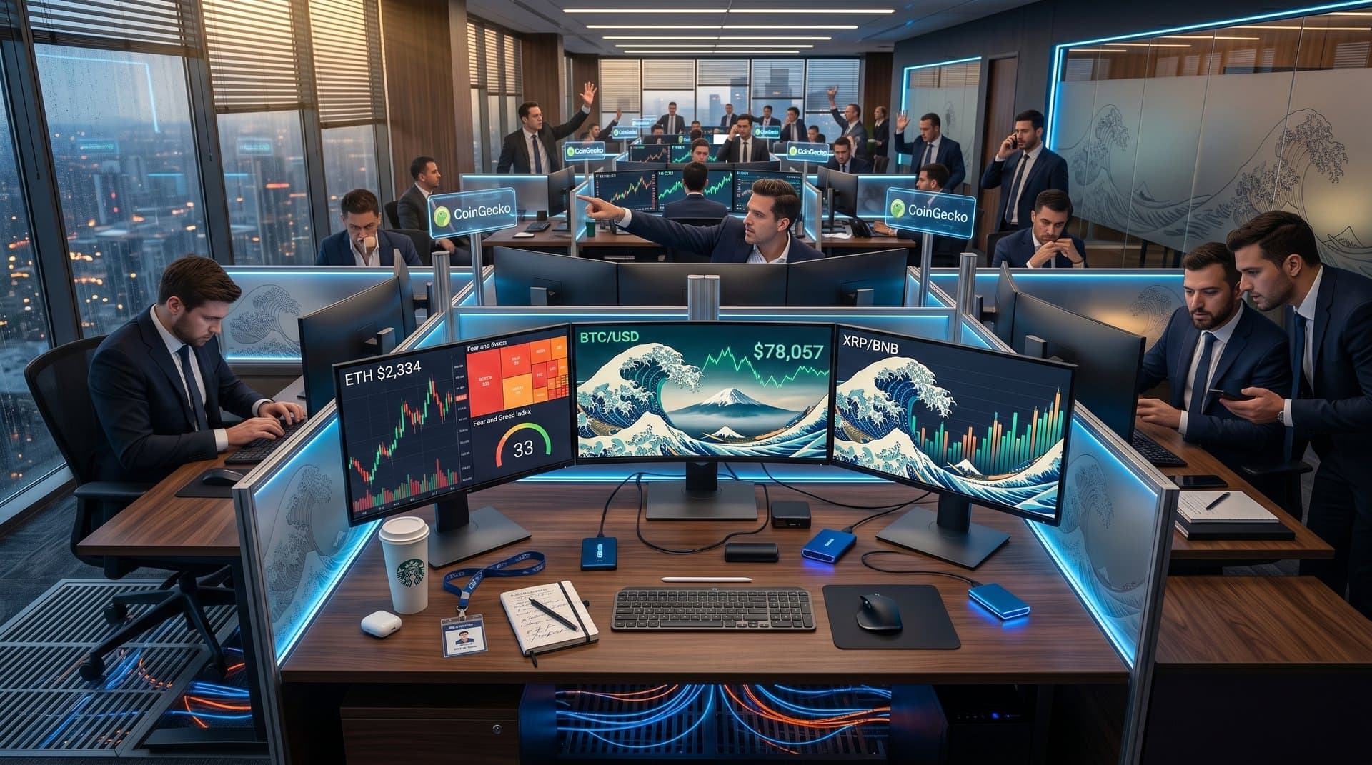 Ukiyo-e inspired tessellated crypto data visualization grids on trading desk monitors in modern office