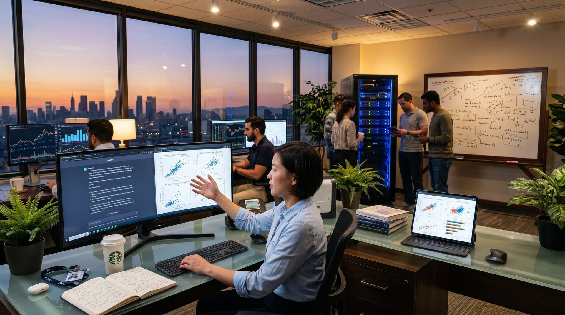 Monitors displaying ChatGPT Erdős proofs and crypto scatter plots in modern analytics lab with server racks