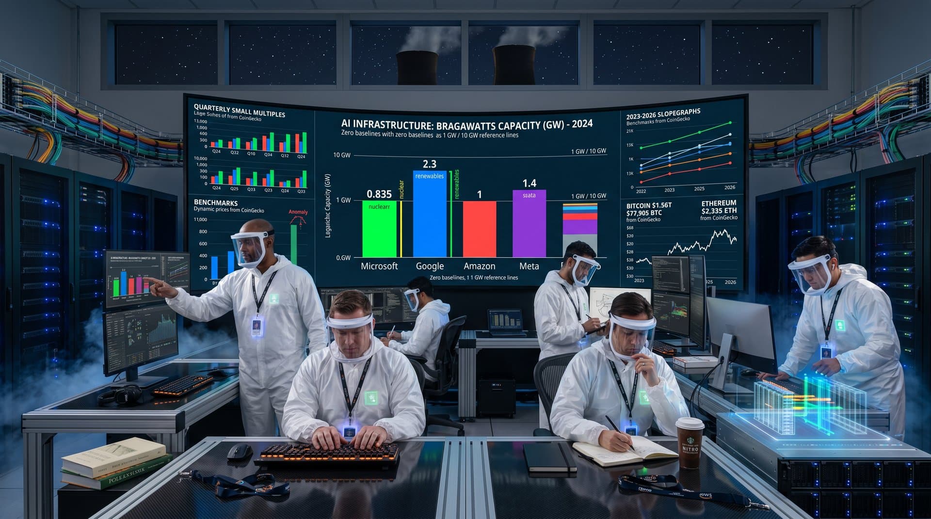 Technicians in premium Tier IV data center monitoring AI server power dashboards on multi-screens amid cooling systems and server racks