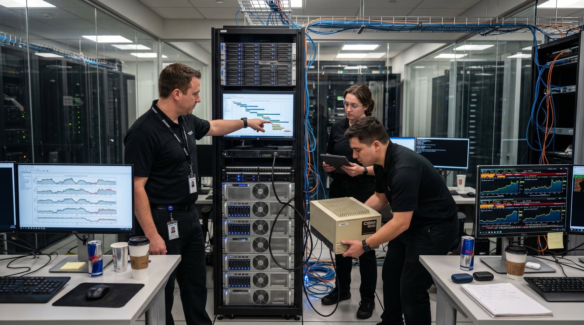 Vintage Commodore hard drive linked to modern server displaying QNX boot timelines and crypto analytics dashboards in data center