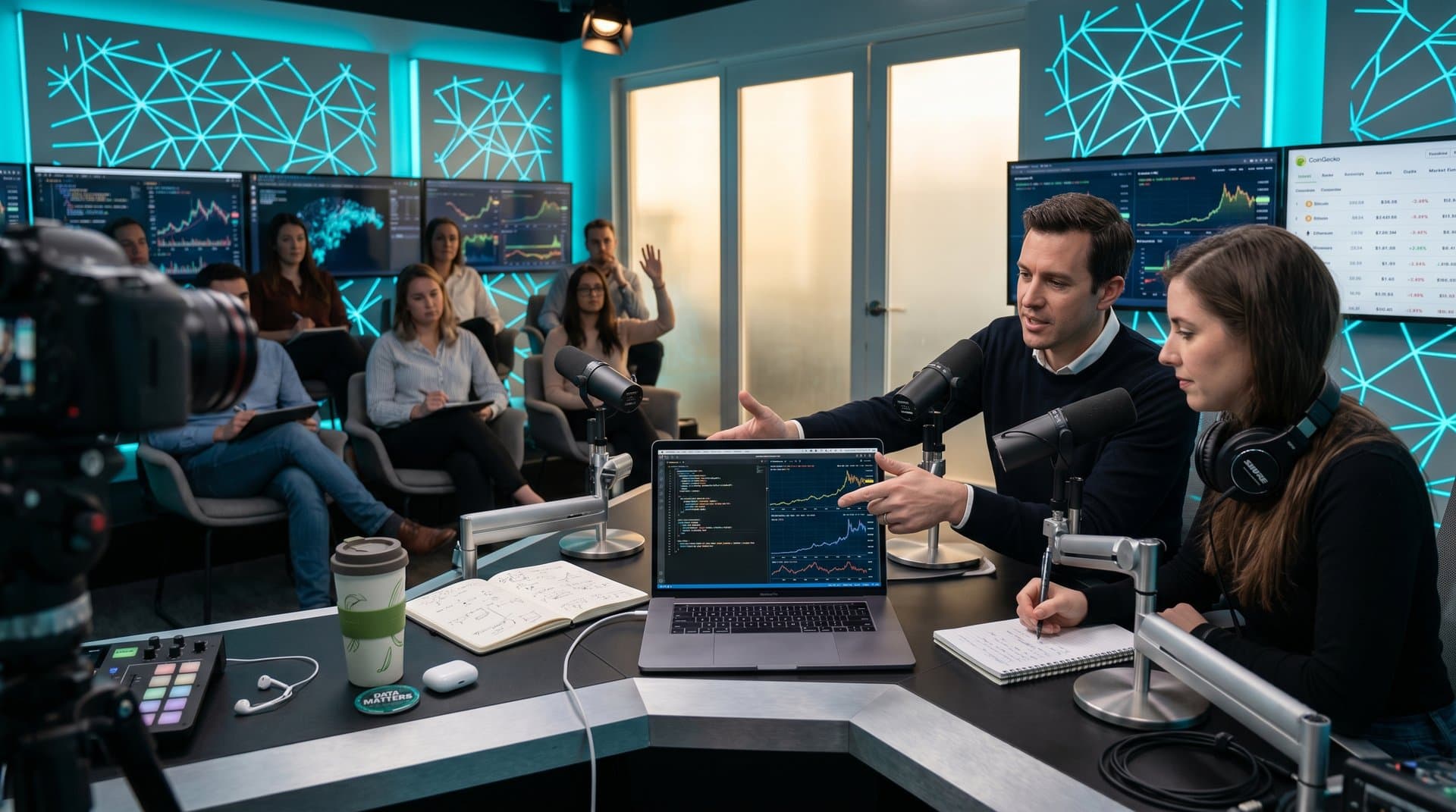 Podcast studio setup with monitors showing AI data visualizations, BTC charts, and crypto dashboards in a tech-focused environment