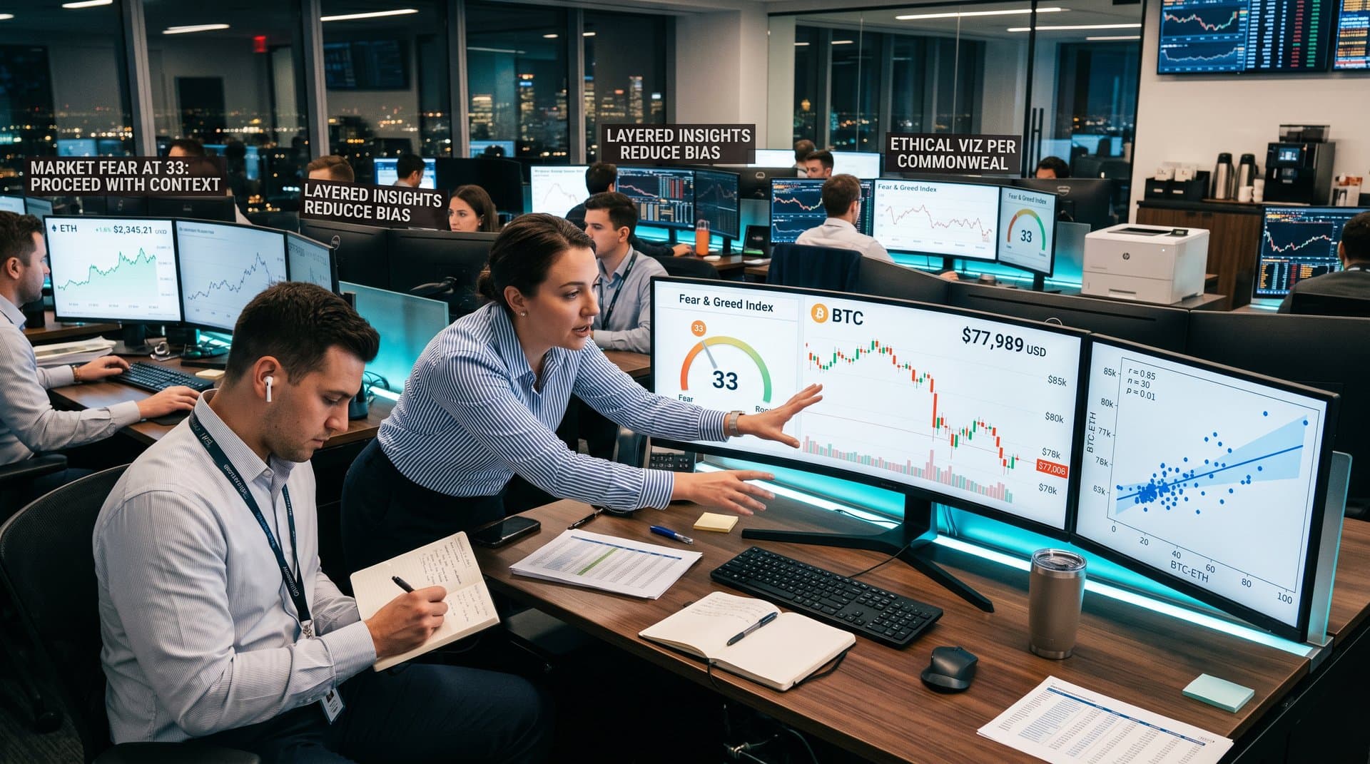 Trading monitors with BTC $77,989 charts, Fear Index 33, and humanizing data visualization elements