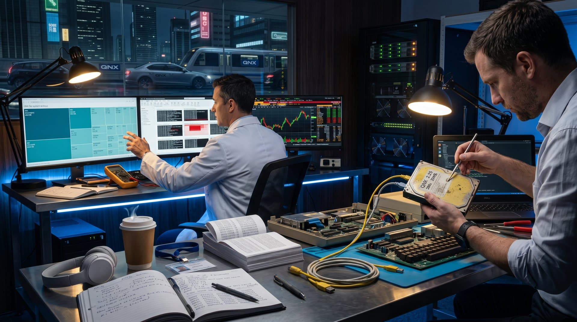 Vintage Commodore 900 hard drive in data center beside BI dashboards showing QNX treemaps, boot logs, and live market charts