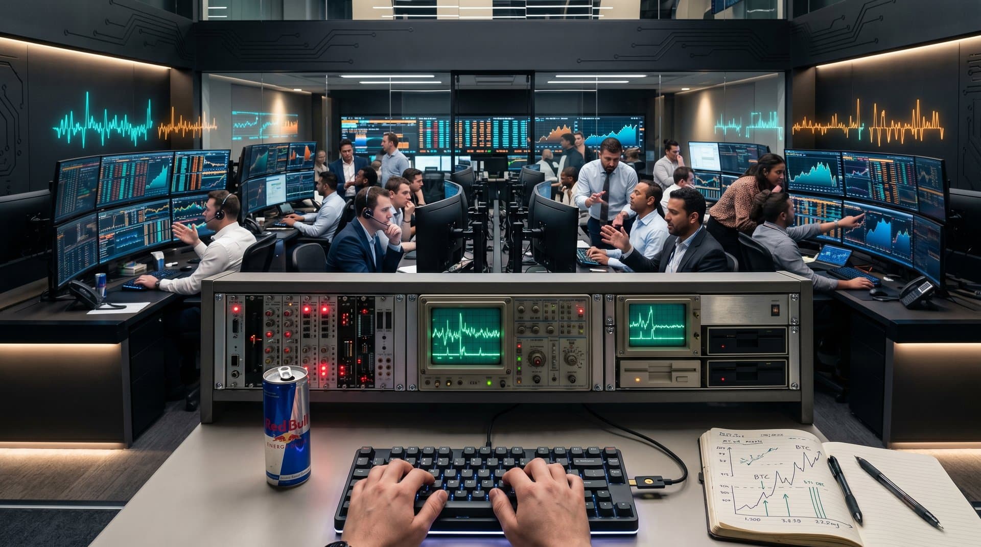 Retro oscilloscope screens show QNX performance line charts on Commodore 900 amid modern crypto trading desk visualizations.
