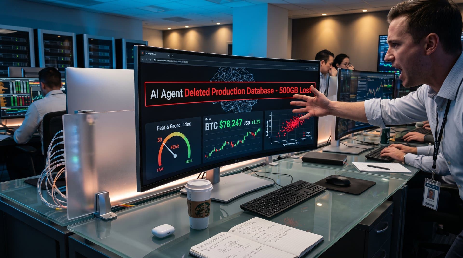 Abstract dashboard alert for AI database deletion with Fear & Greed 33 gauge and BTC charts in minimalist tech style