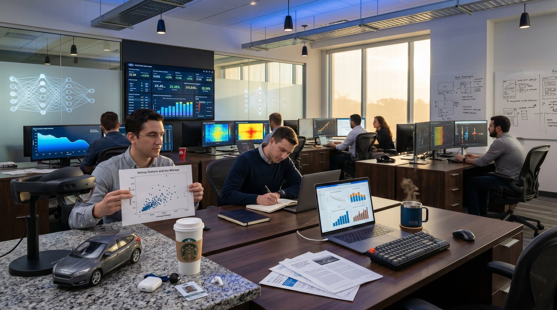 Modern lab with monitors showing automotive recall data visualizations: dot plots, heatmaps, and safety dashboards in a high-tech BI environment