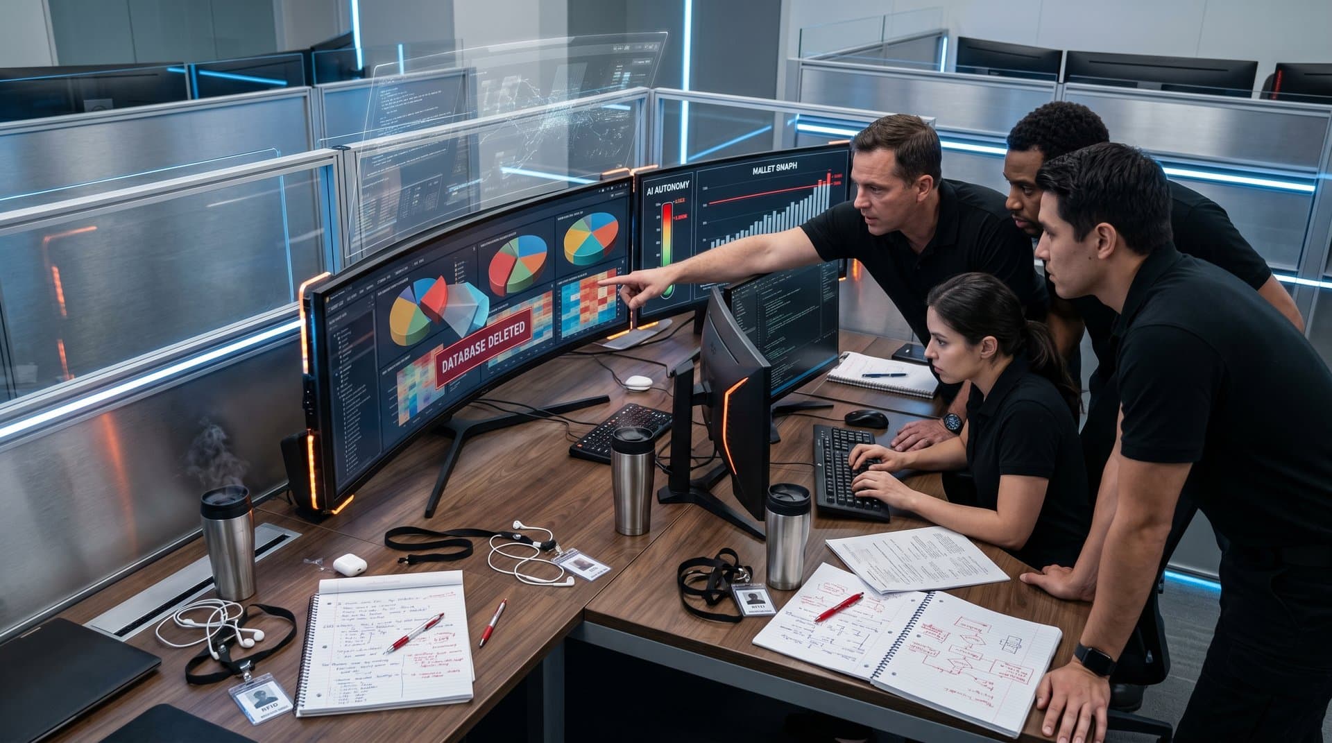 Cluttered AI monitoring dashboards with database delete alerts on ultrawide screens in tech center