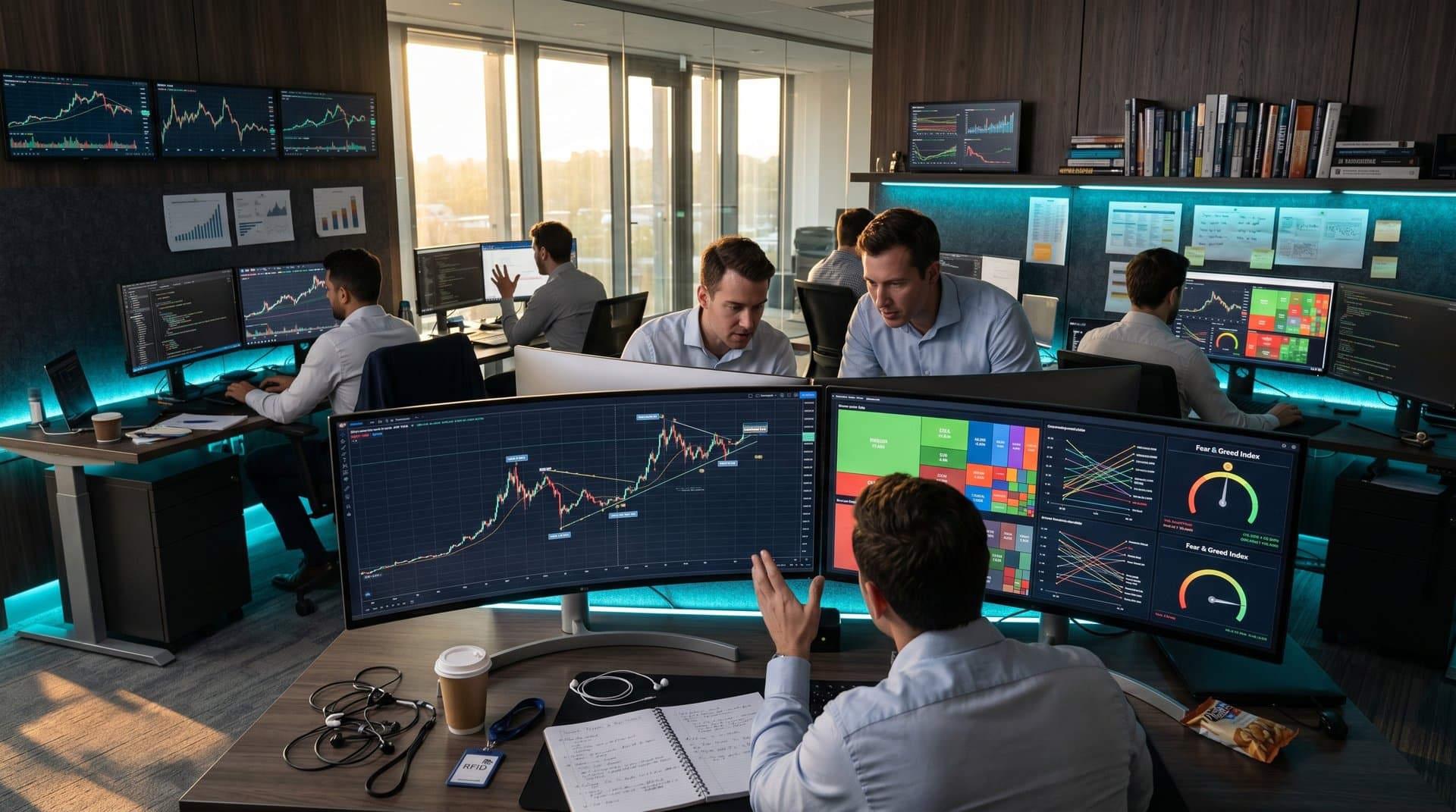 Abstract tech lab screens showing BTC charts at $78,337, Fear & Greed 33 gauge, slopegraphs, and visualization books