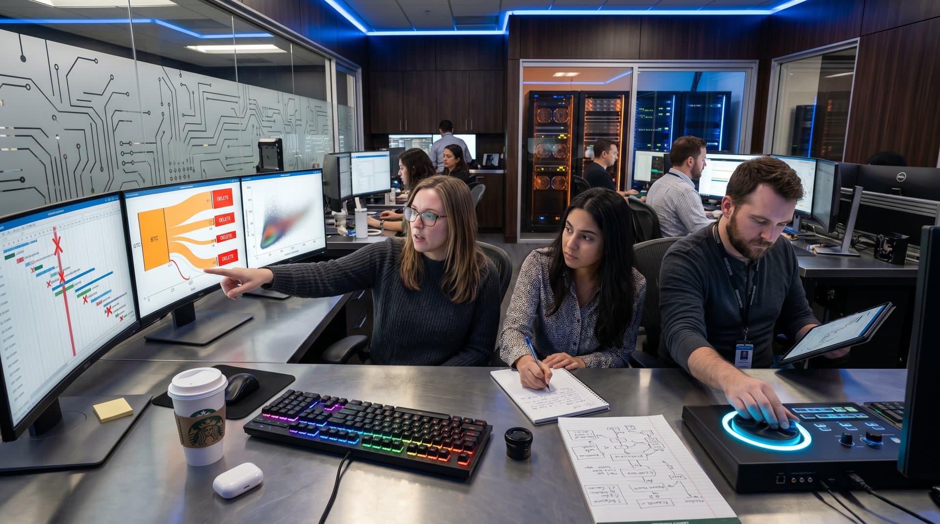 Data visualization screens showing Gantt timelines, decision trees, Sankey flows, and scatter plots analyzing rogue AI agent database deletion in tech lab setting.
