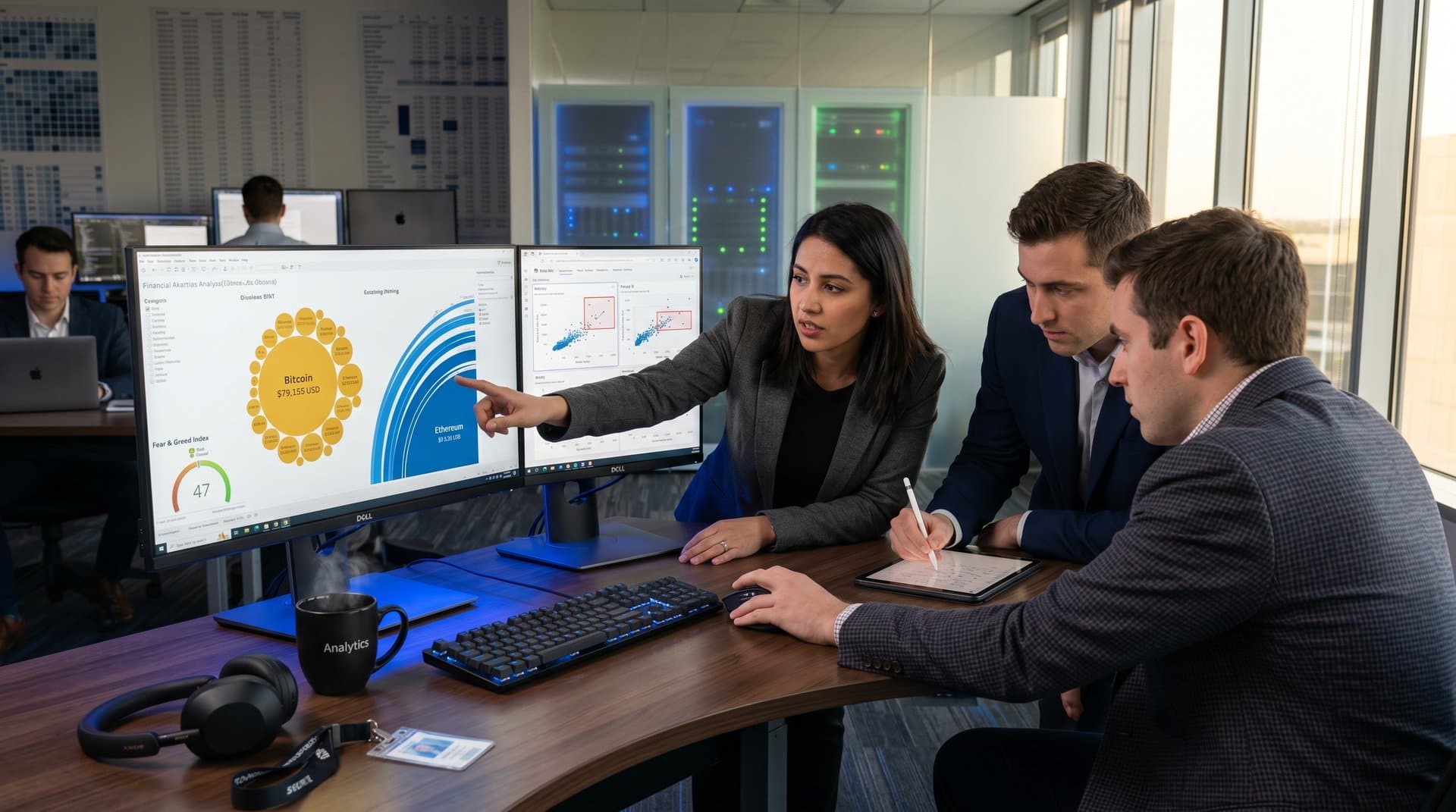 Multi-monitor setup displays AI-enhanced data visualization dashboards of crypto market charts including BTC at $79K and Fear & Greed Index