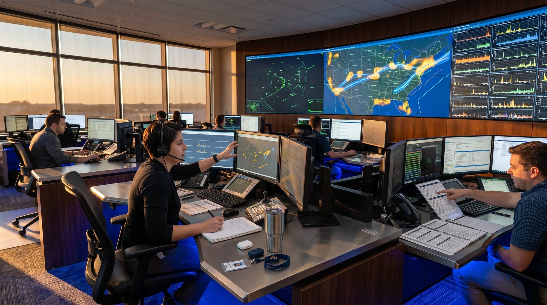 FAA air traffic control room featuring data science dashboards with flight paths, 20% uncertainty heatmaps, and AI prediction confidence bands