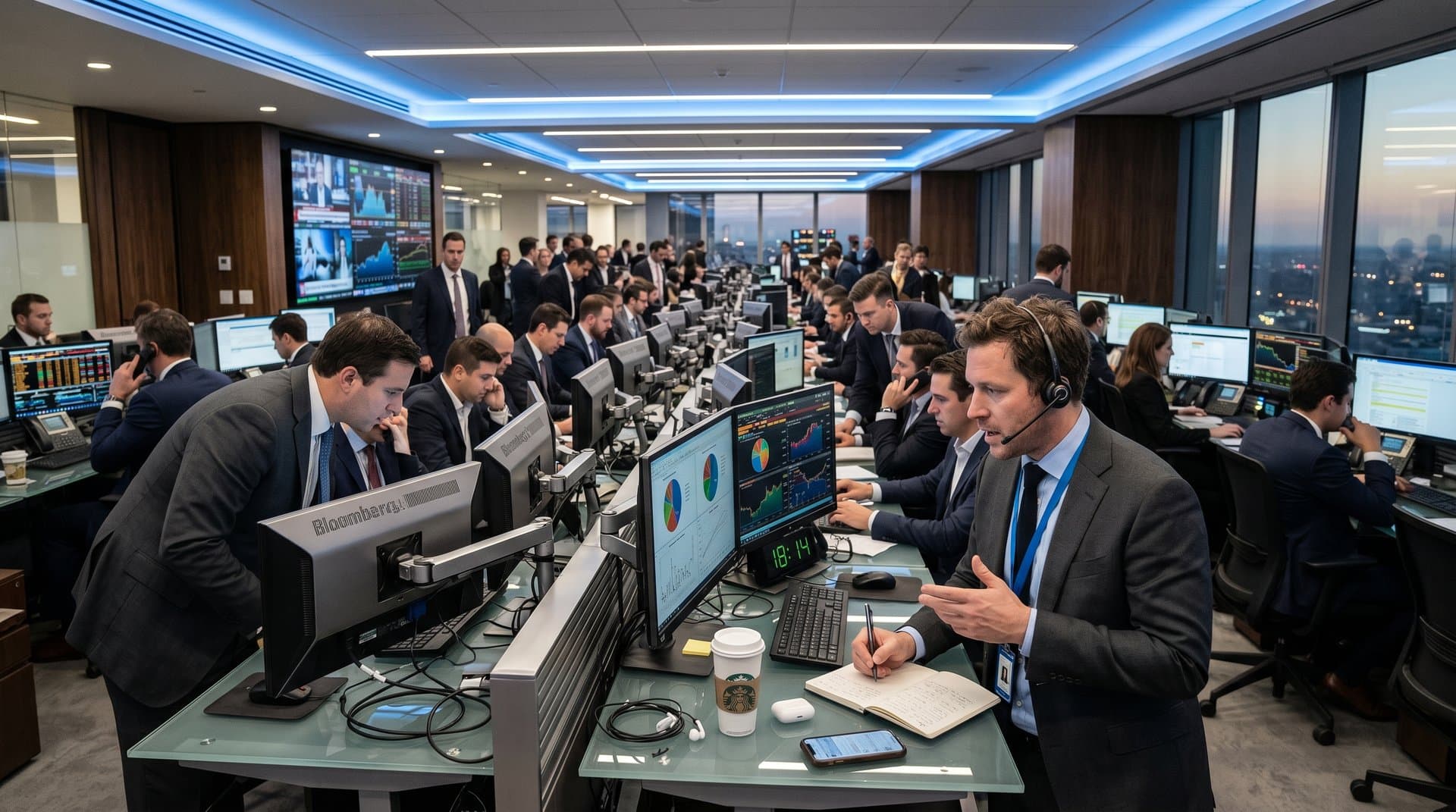 Trading desks with Bloomberg terminals showing distorted AI pie charts vs accurate crypto line charts for BTC and ETH