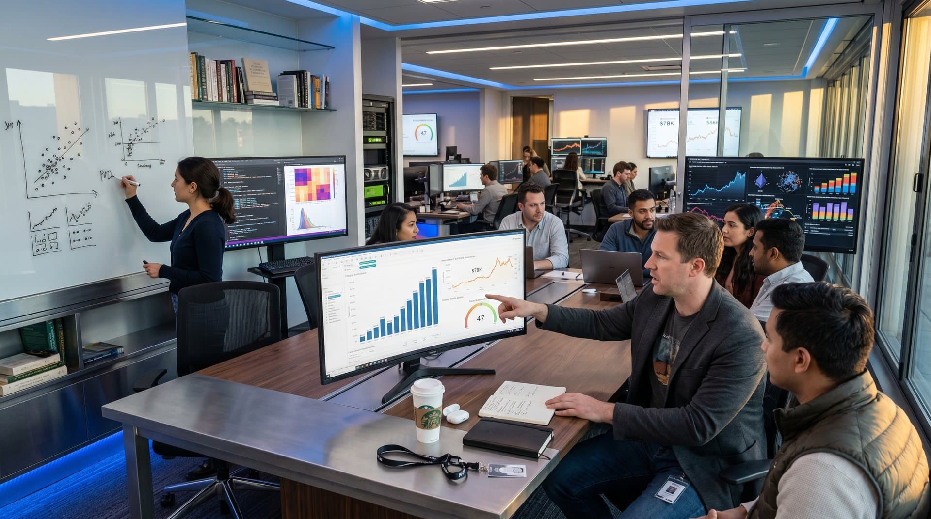 Data lab with crypto dashboards, scatter plots on whiteboard, Python viz code, emphasizing human analysis over AI