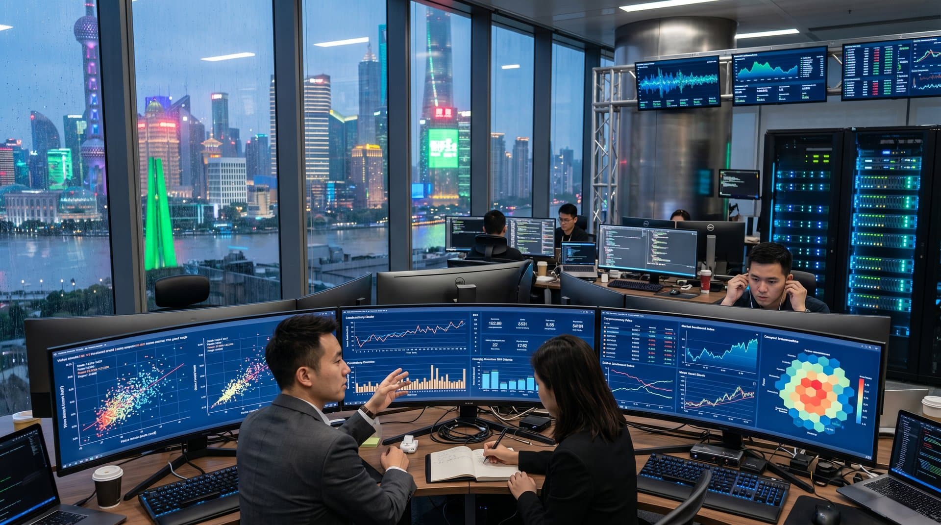 Data visualization lab monitors show Alibaba Voice AI multimodal driver data with scatter plots, heatmaps, and line charts under natural light