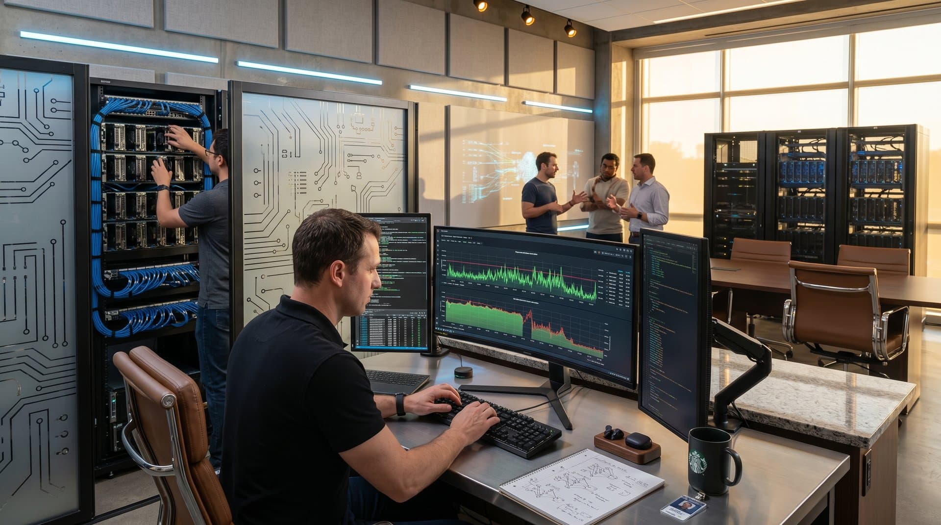 Research lab dashboard displays AI power consumption graphs amid server racks and modern tech setup