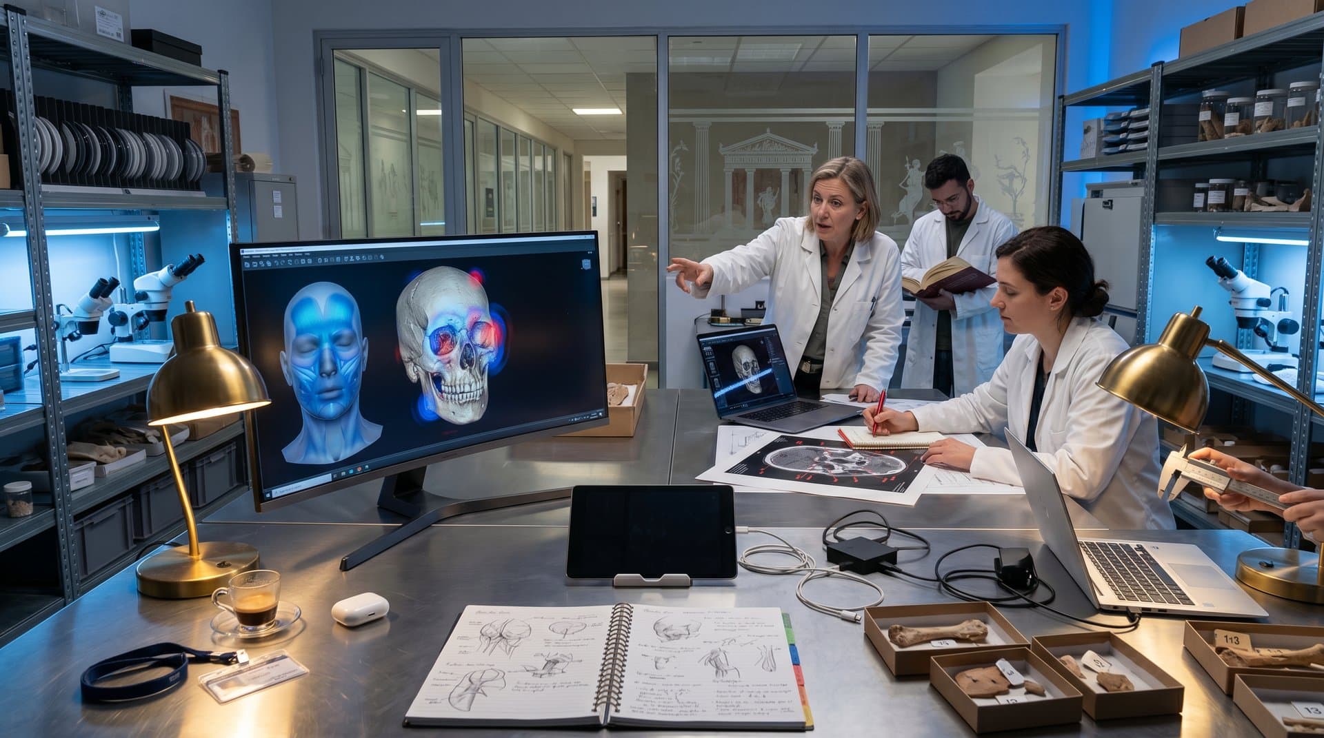 3D AI facial reconstruction of Pompeii skull on lab monitor with layered tissue heatmaps and analytics tools
