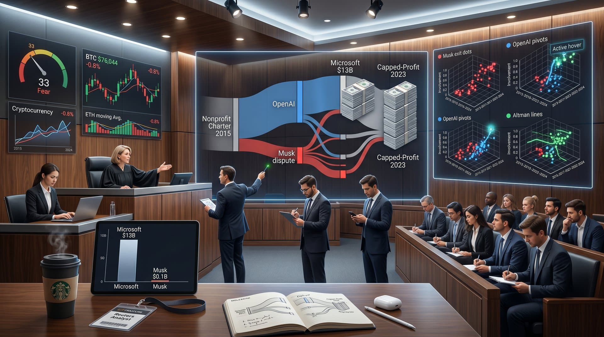 Data visualization dashboard of OpenAI trial timelines, funding Sankey, and crypto fear gauge in courtroom-inspired design