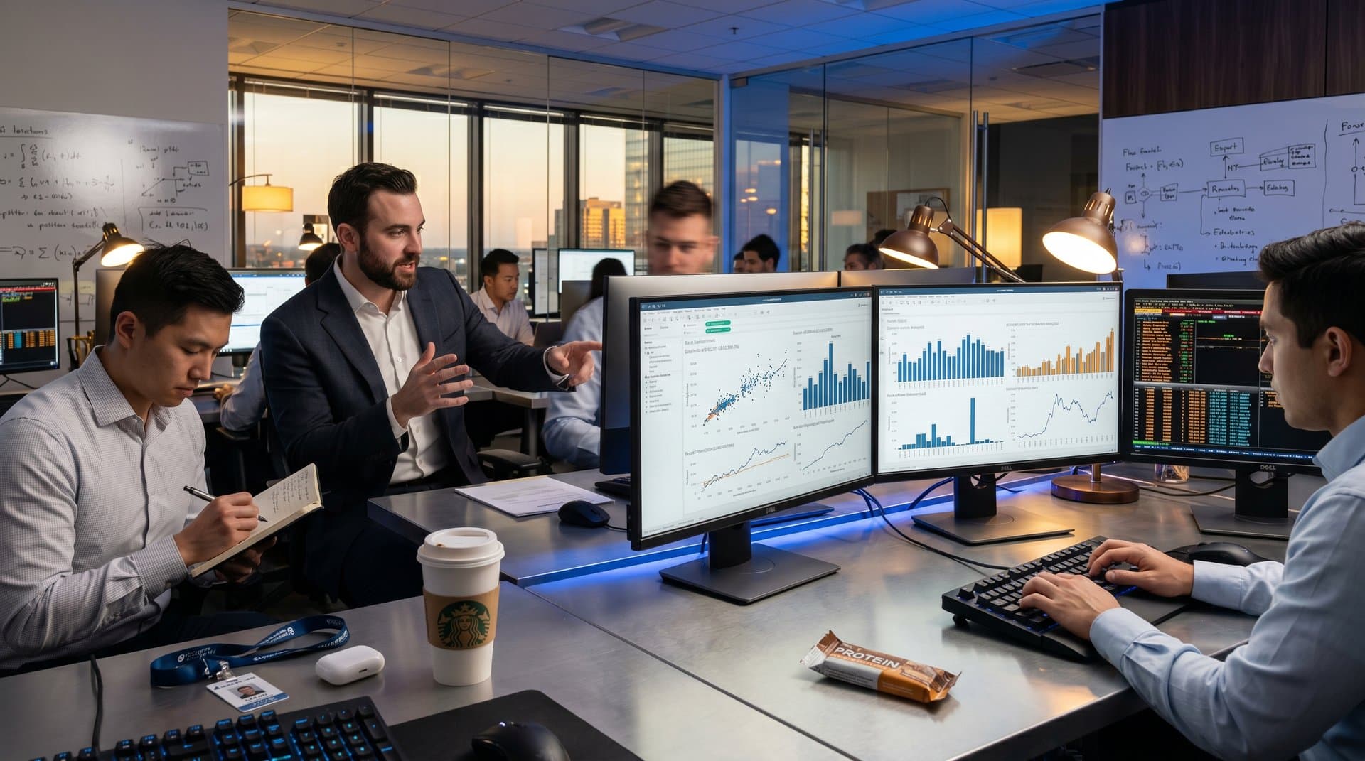 Multi-monitor setups displaying OpenAI-enhanced data visualization dashboards with crypto price charts in modern analytics office