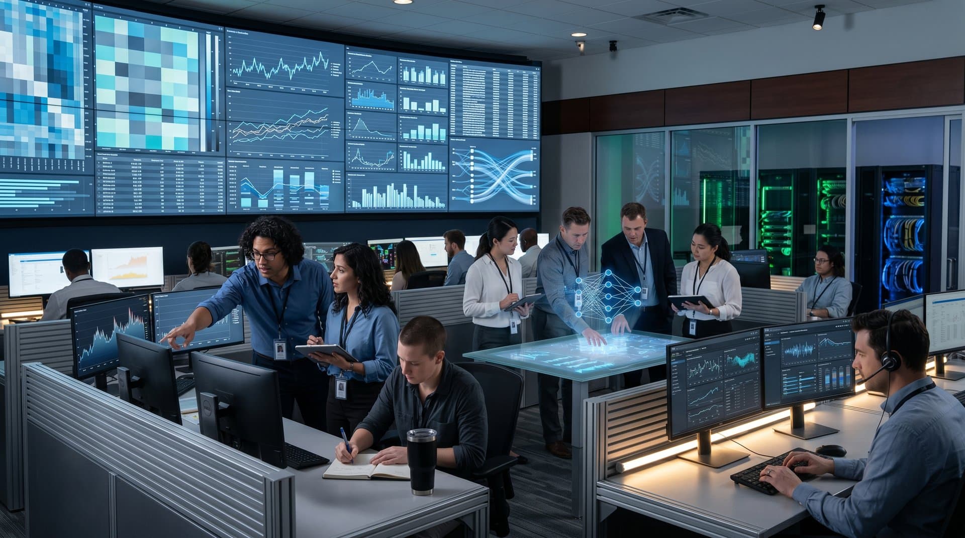 Secure ops center with video walls showing AI dashboards, heatmaps, and sparklines for precise data visualization