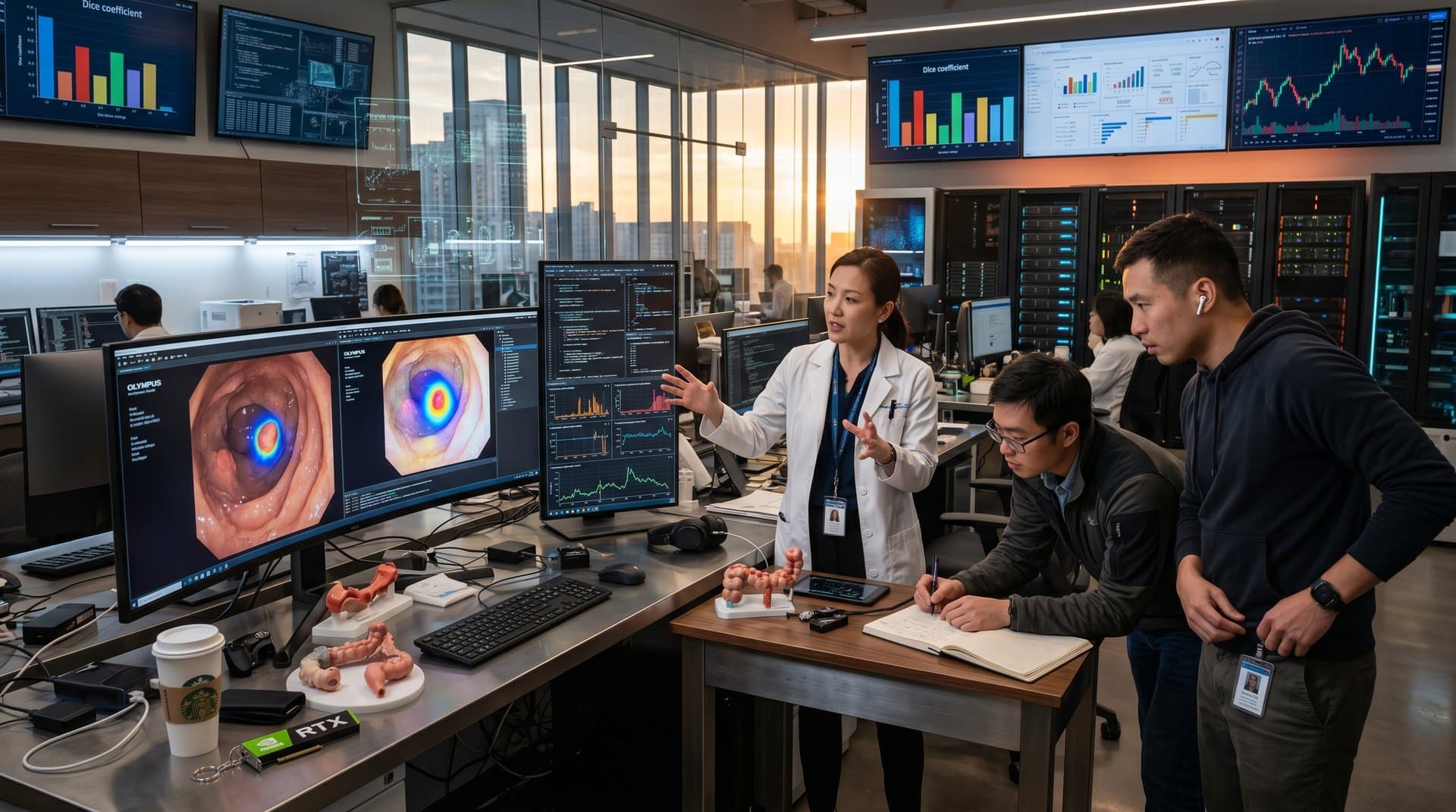 Style-transferred endoscopic images with AI heatmaps on lab monitors