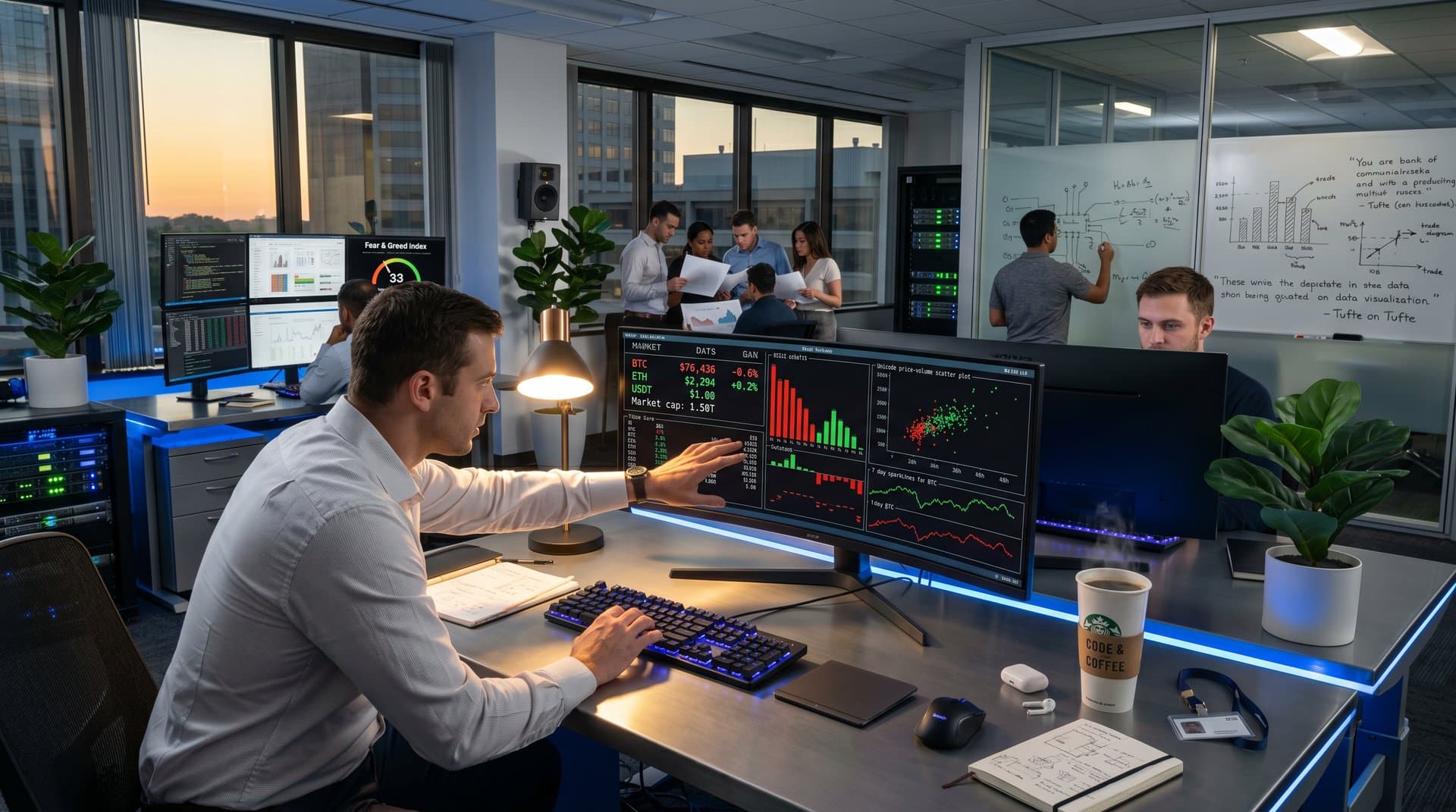 Warp terminal on desk displaying crypto price table with BTC at $76K, ASCII charts, keyboard, laptop in modern tech workspace