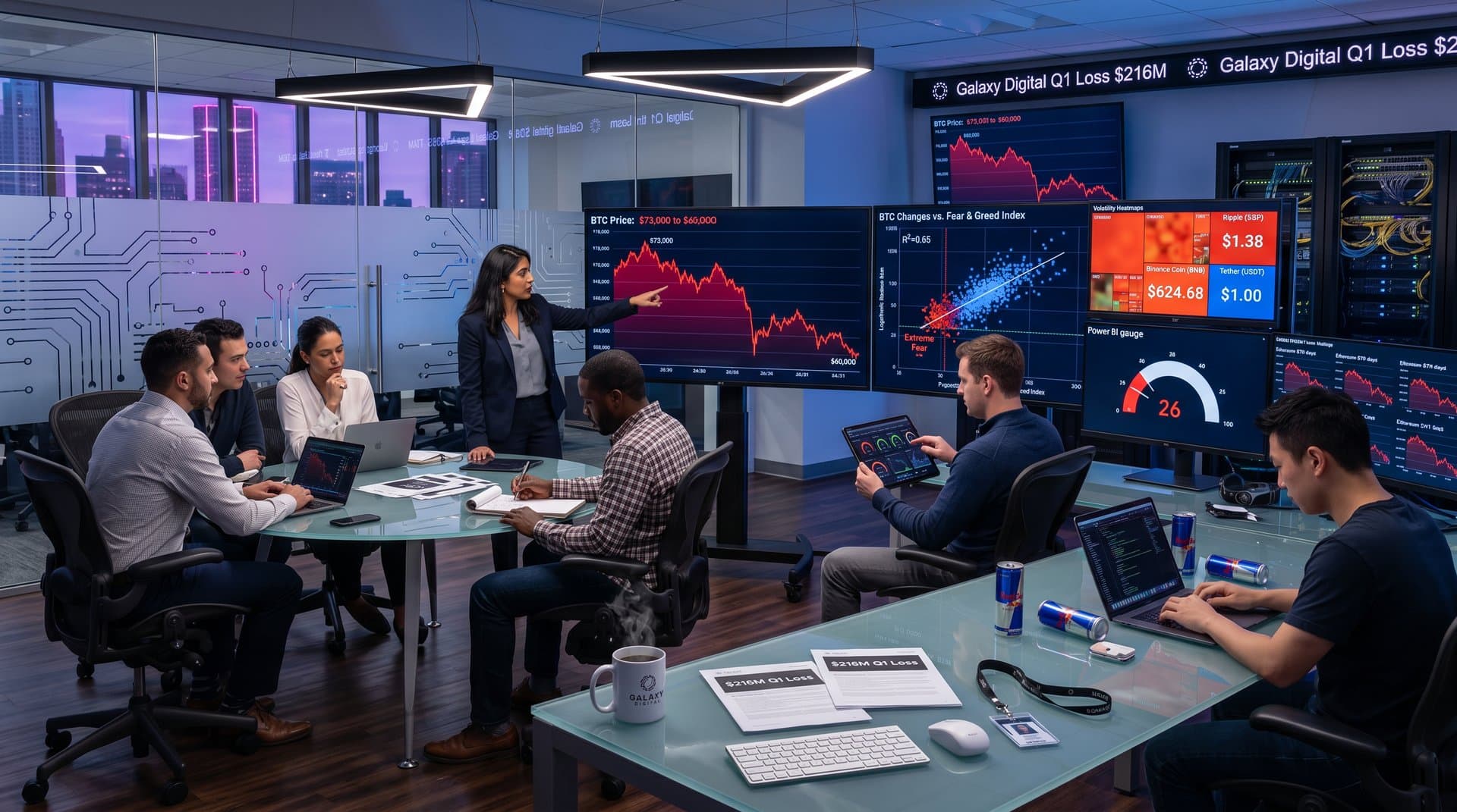 Trading floor monitors show red crypto charts, Fear & Greed at 26, and volatility scatter plots amid modern desks and screens