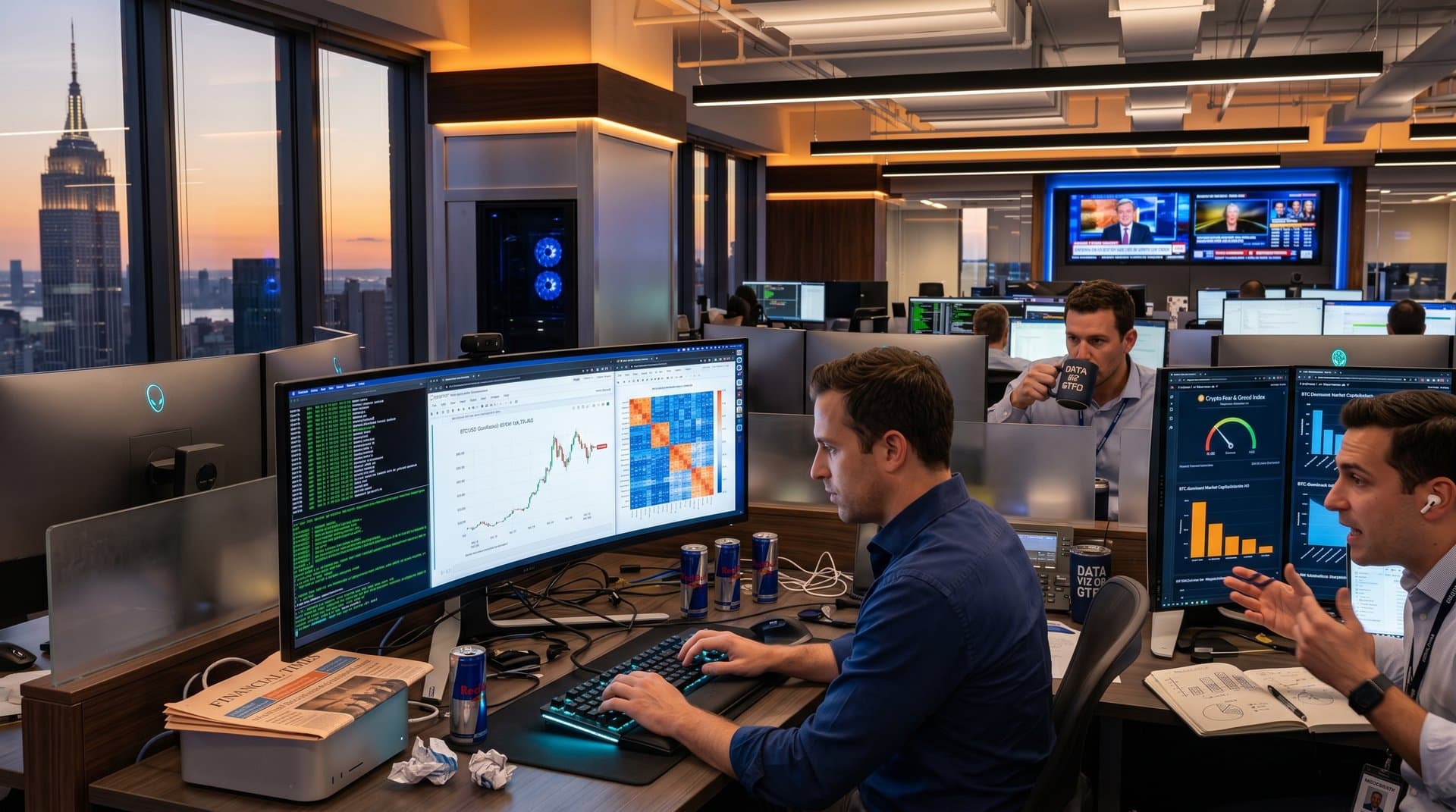 Trading floor analysts run Ghostty terminals for git clones and crypto data viz on ultrawide monitors amid market dashboards