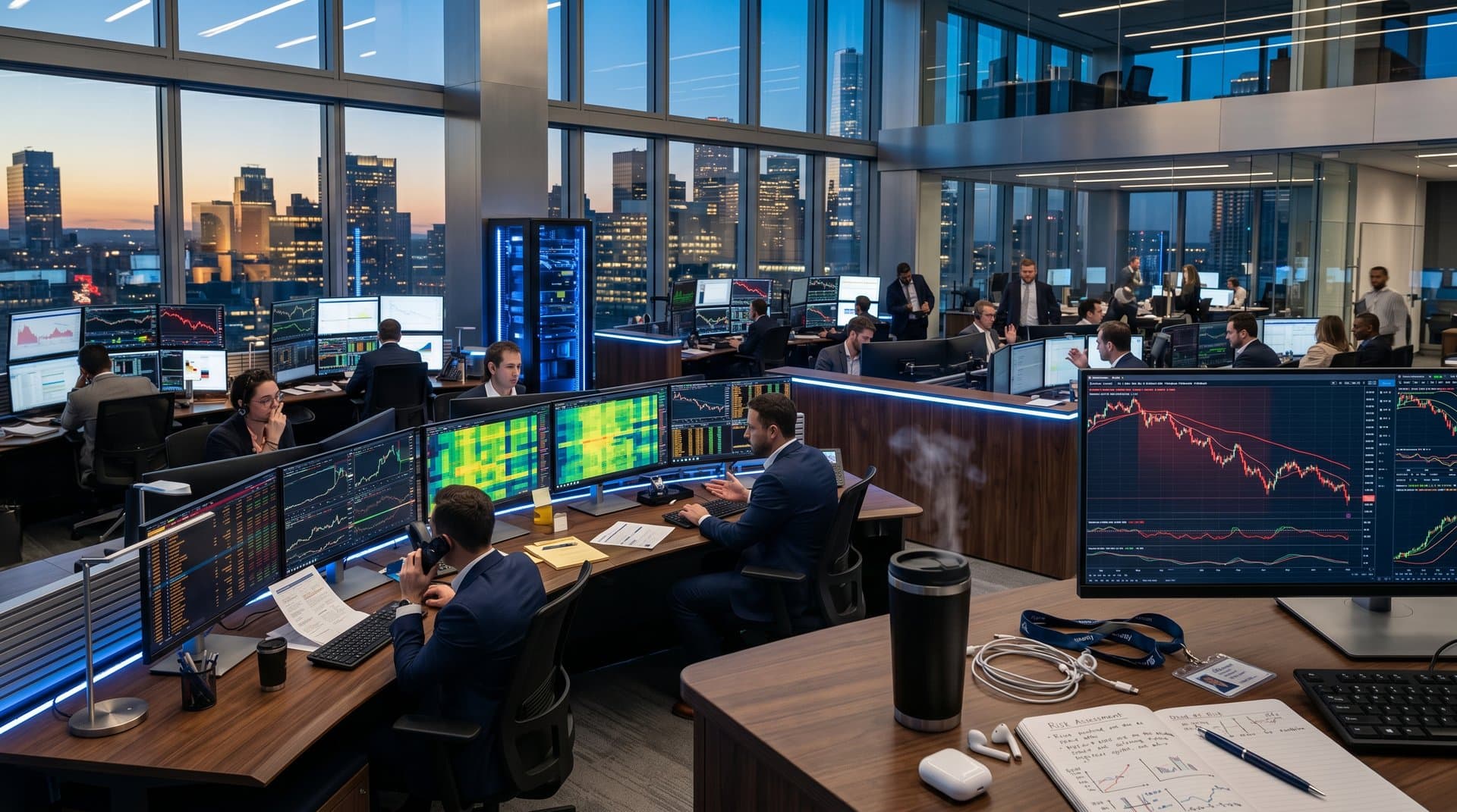 Crypto charts on trading screens show BTC prices, Fear & Greed Index, Galaxy Digital loss data, and volatility visualizations in a finance office