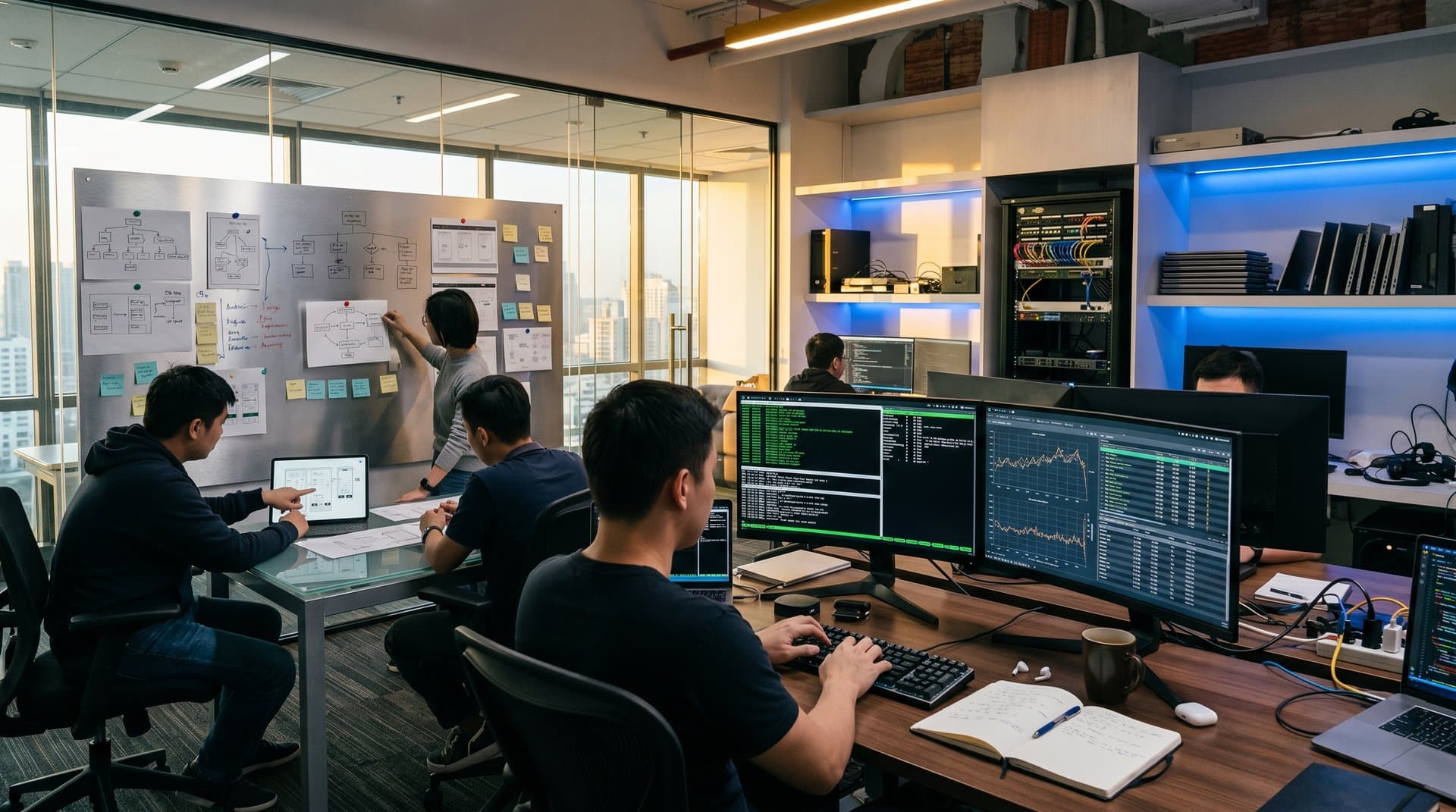 Developer screens showing Warp terminal with 120 FPS data visualizations, charts, and CLI blocks in modern office