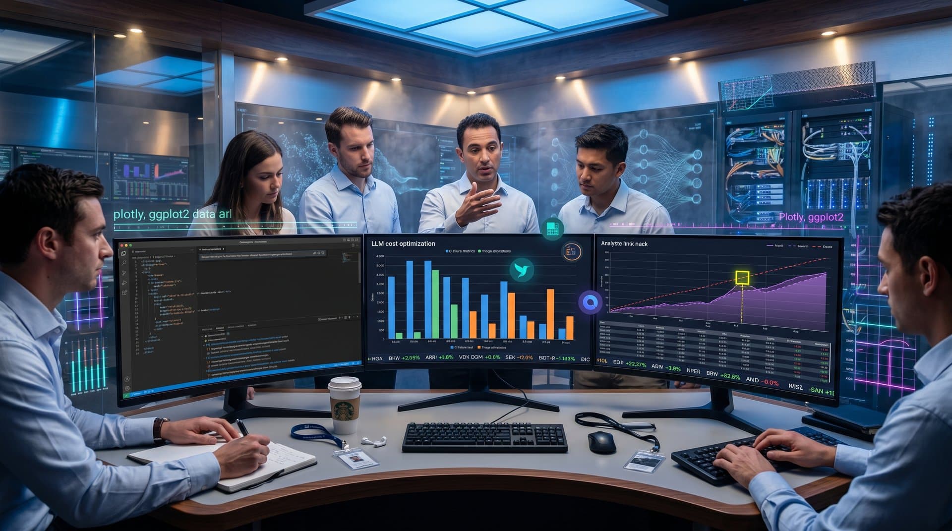 Engineers analyze LLM triage dashboards on multi-monitor setups in a modern AI research lab with server racks and crypto charts.