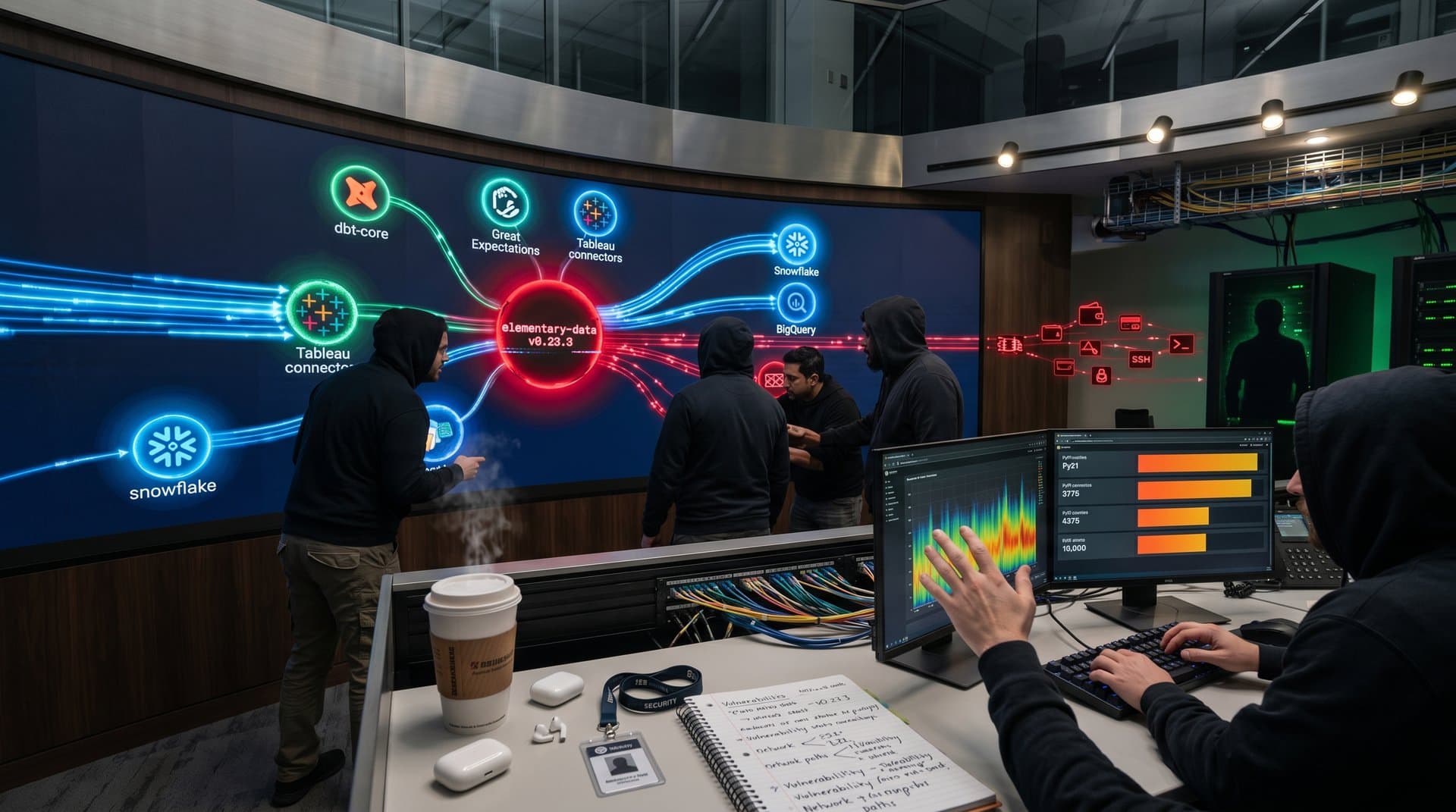 Network graph visualizing malicious elementary-data package risks in data pipelines