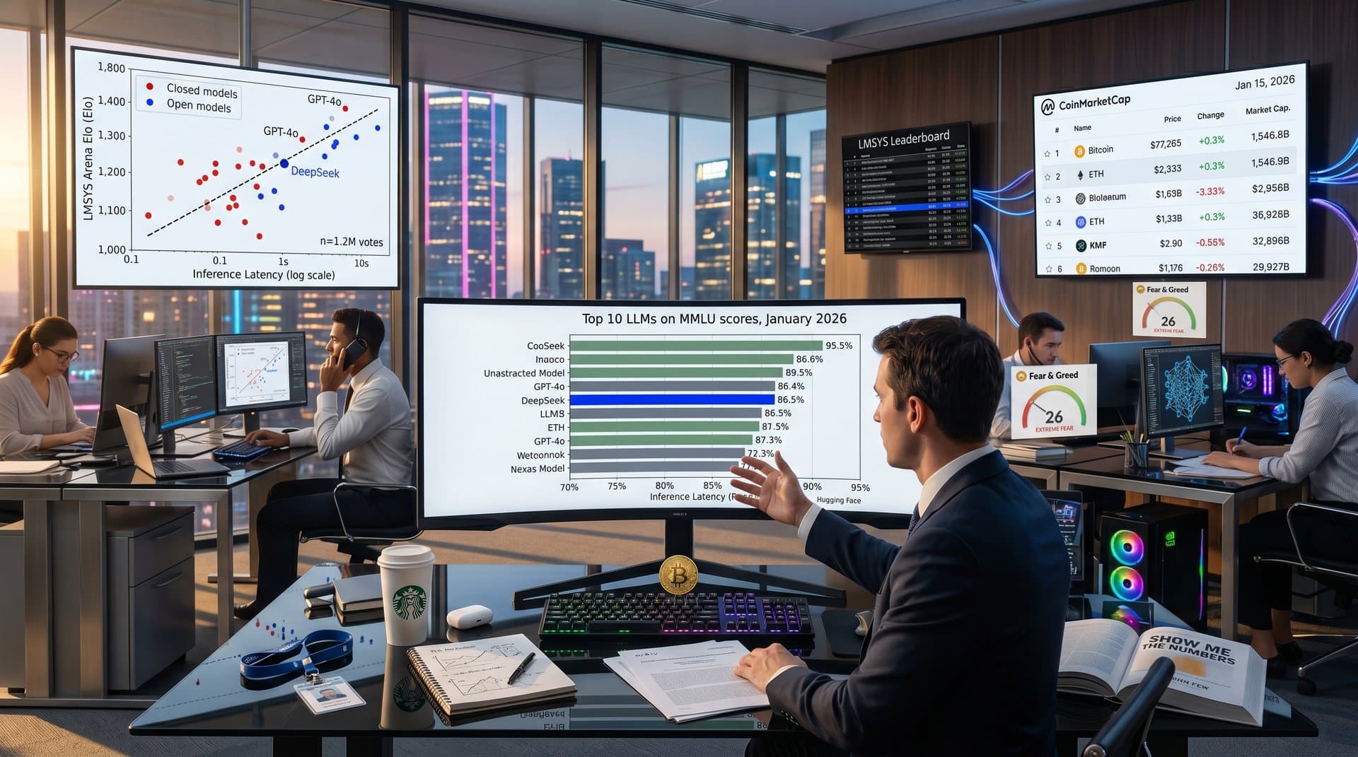 Multi-monitor display of AI LLM benchmarks and crypto tables in analytics dashboard